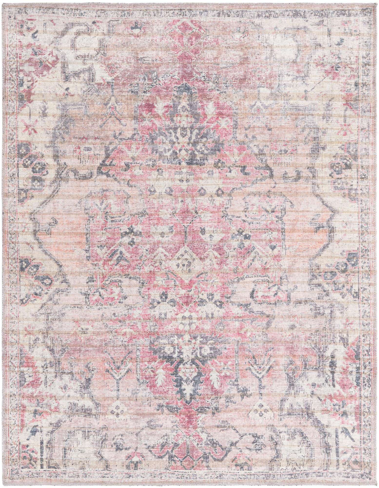 A 5' 3 x 5' 3 square Nostalgia rug featuring a distressed beige and pink traditional tribal pattern.