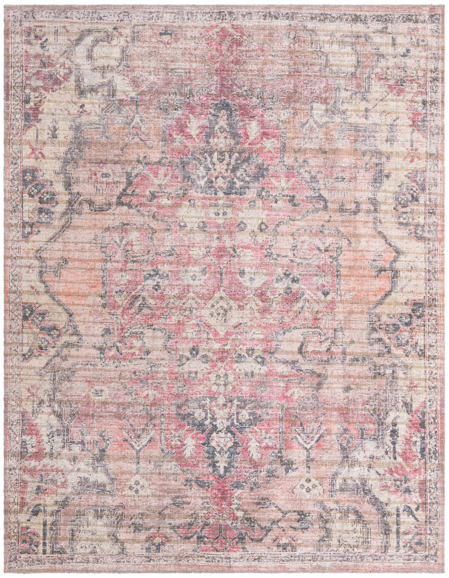 A 7' 3 x 7' 3 square beige pink traditional rug with a distressed vintage tribal pattern, suitable for indoor spaces.