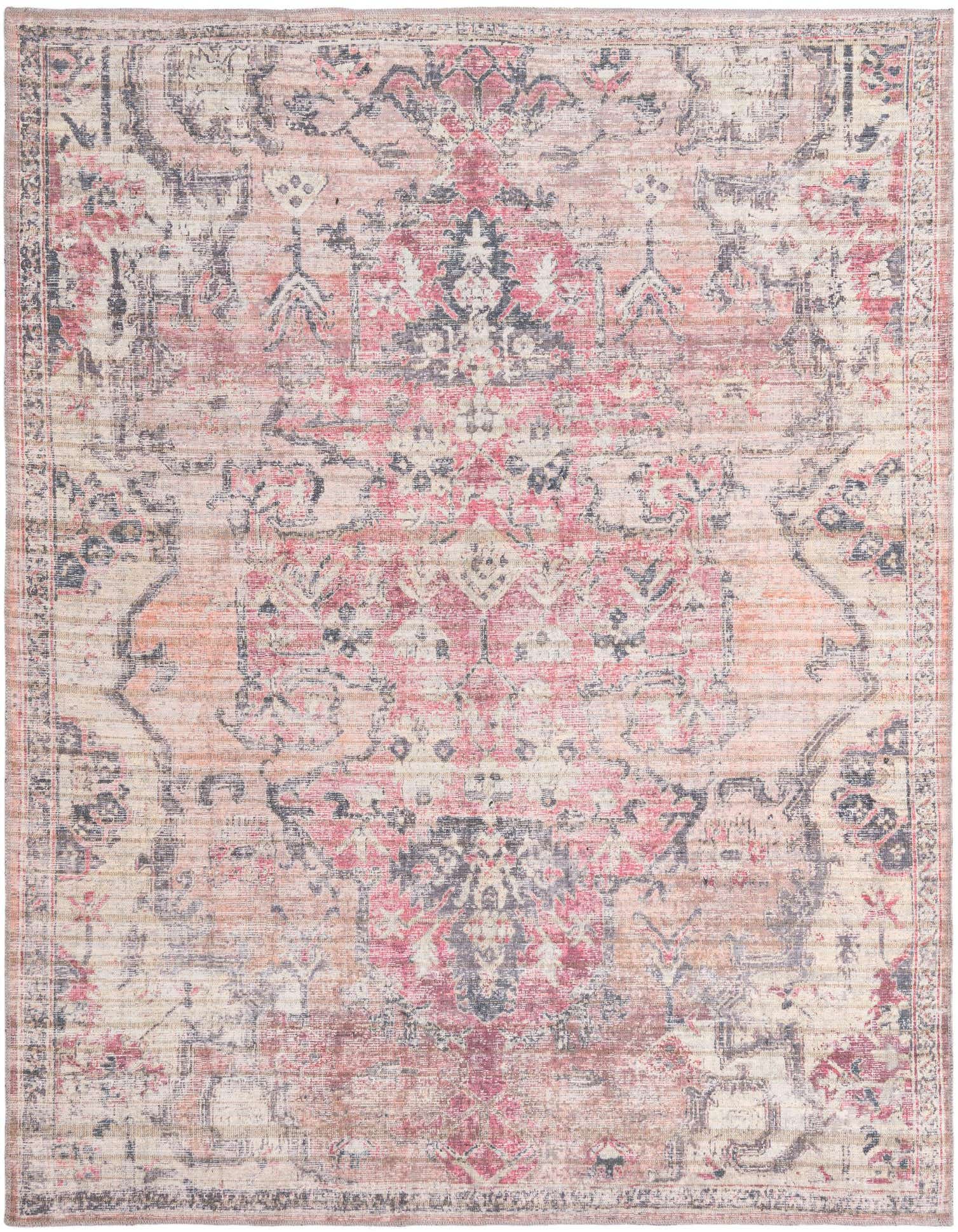 A 7' 10 x 7' 10 square beige and pink traditional rug with a distressed vintage tribal pattern.