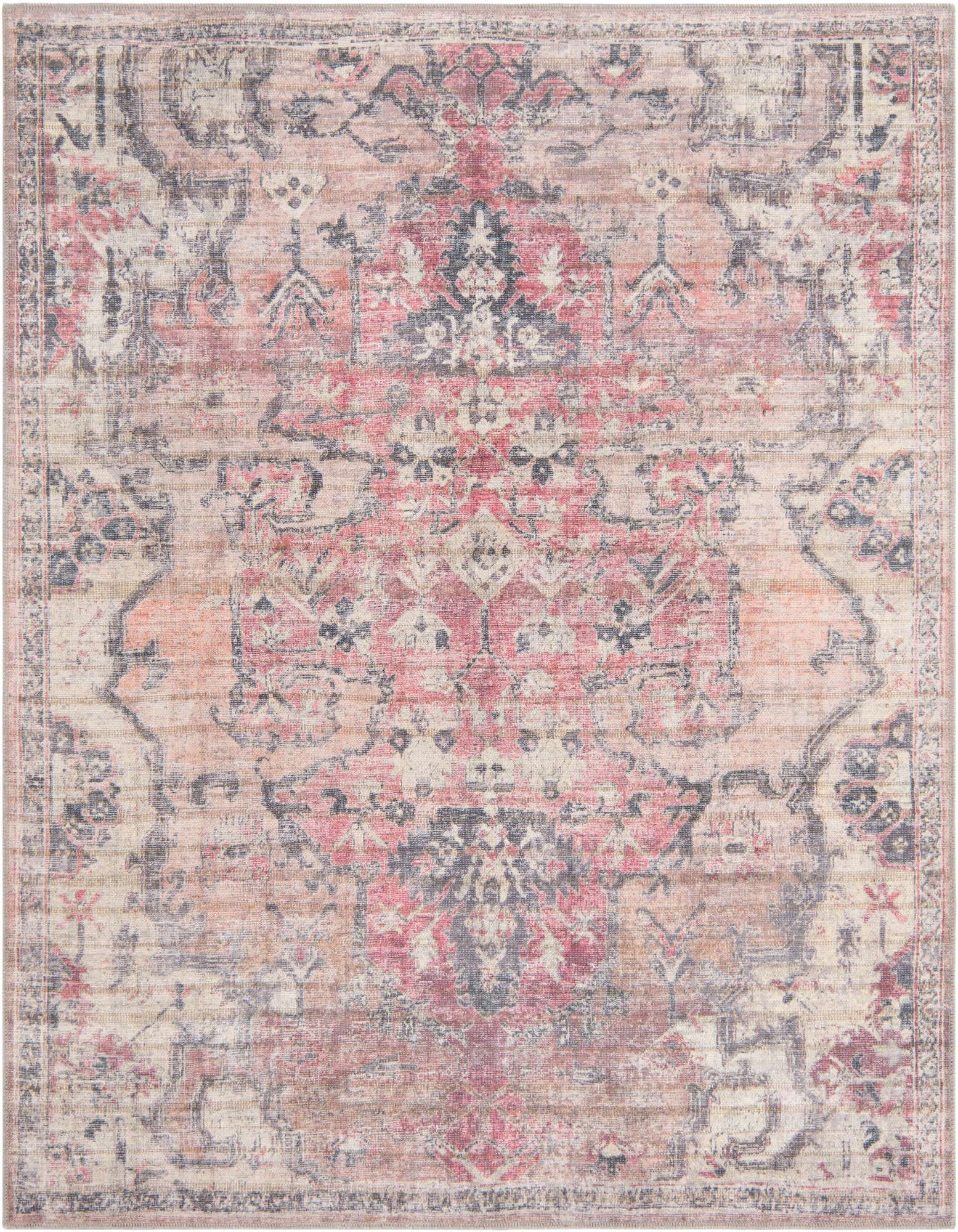 A 6x6 square beige and pink vintage traditional rug with a distressed tribal pattern on a white background.