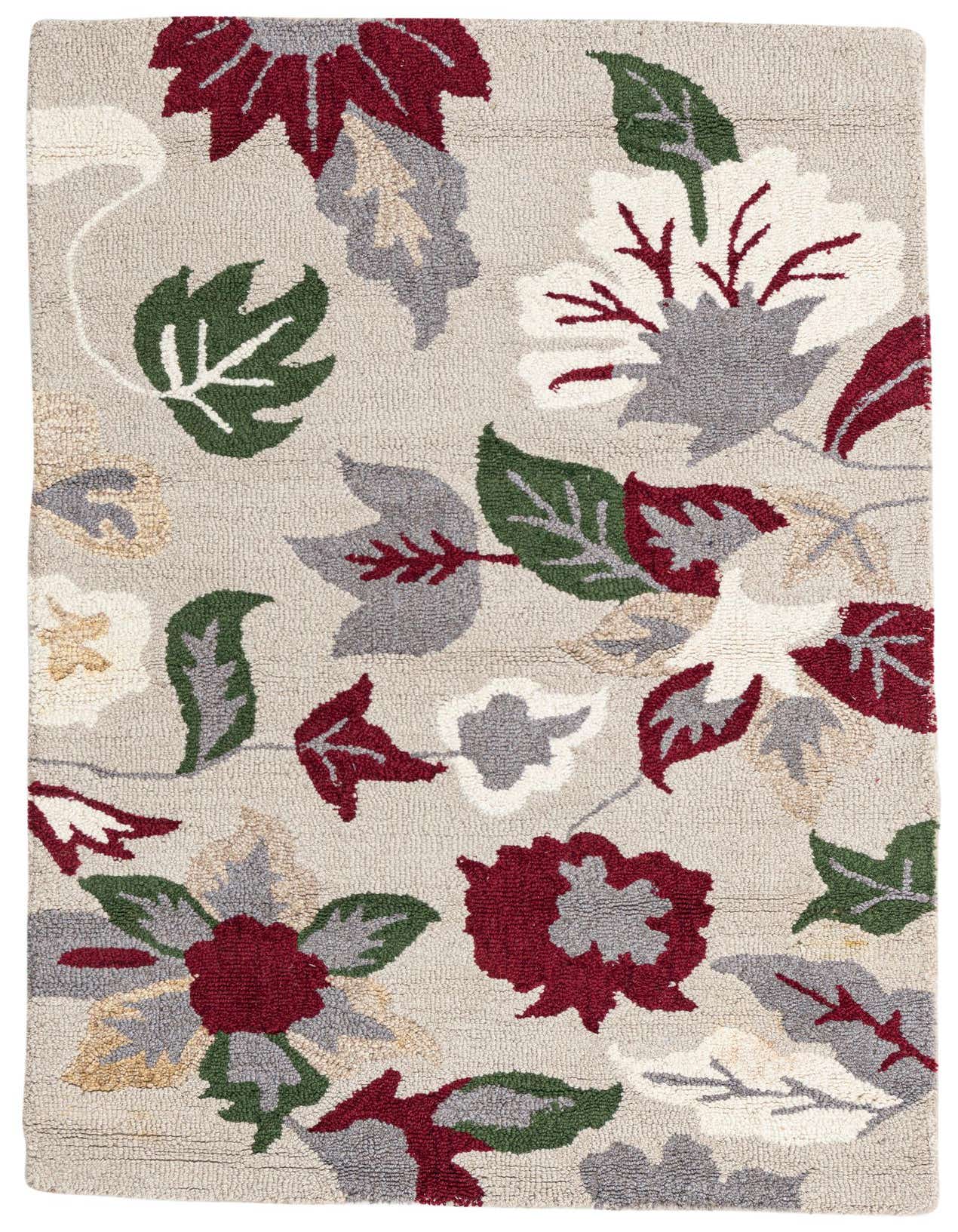 A 3x5 rectangular wool and cotton rug featuring a modern floral pattern with large leaves and flowers in shades of deep red, green, gray, and cream on a light beige background.