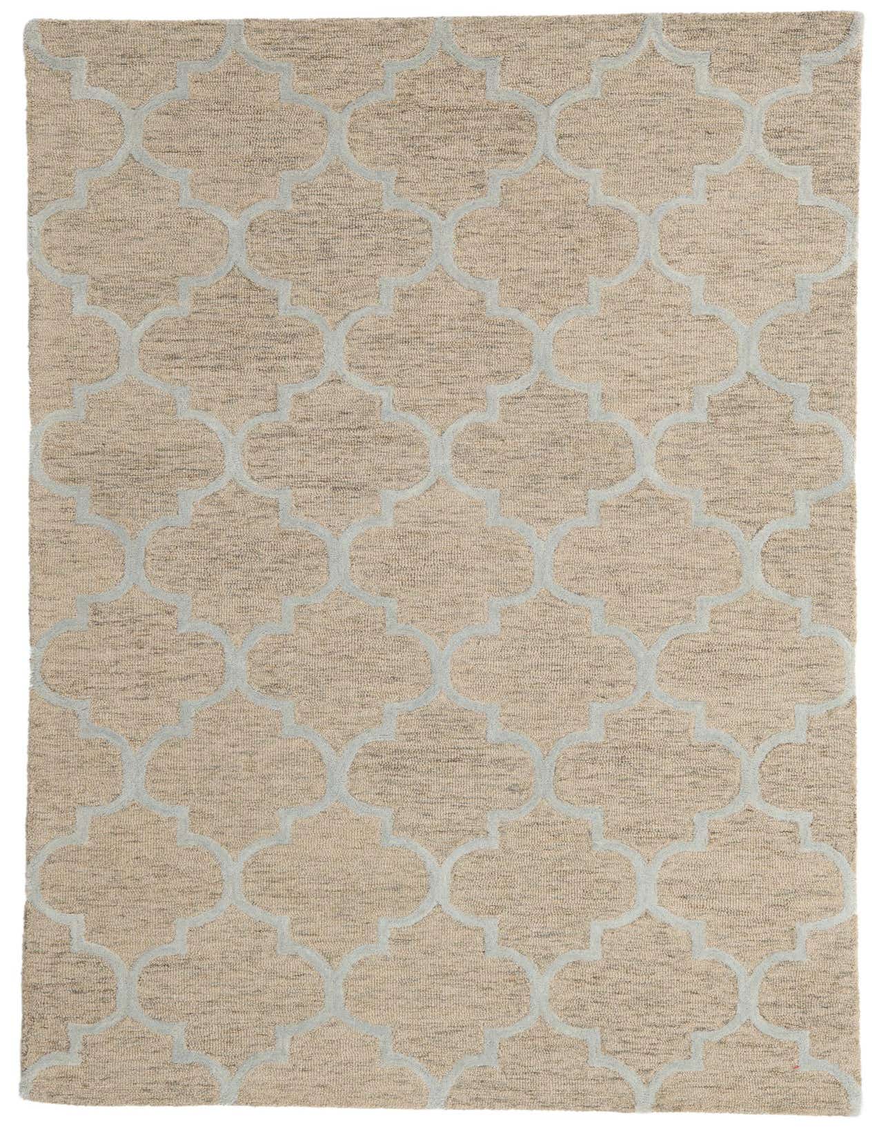 A 5x8 rectangular brown and ivory modern area rug with a repeating light blue abstract pattern.