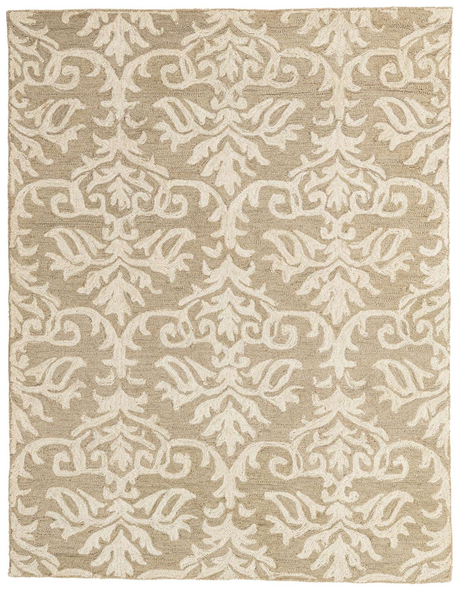 A 5x7 rectangular Agra rug from Rugs.com, featuring a modern damask-like pattern in ivory and cream against a tan background.