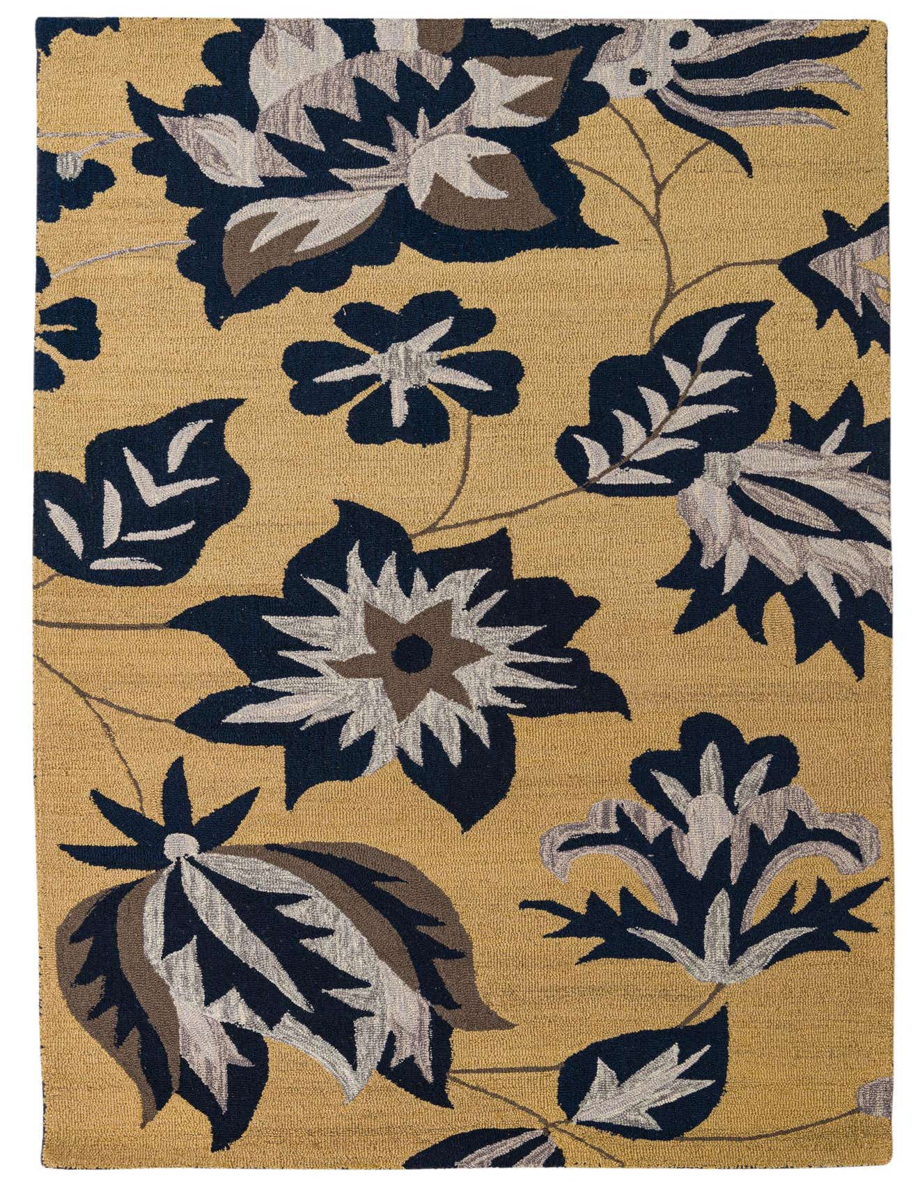 A 5x8 rectangular Agra collection rug with a high pile, featuring a bold floral and botanical pattern in shades of brown, tan, and ivory on a mustard yellow background.