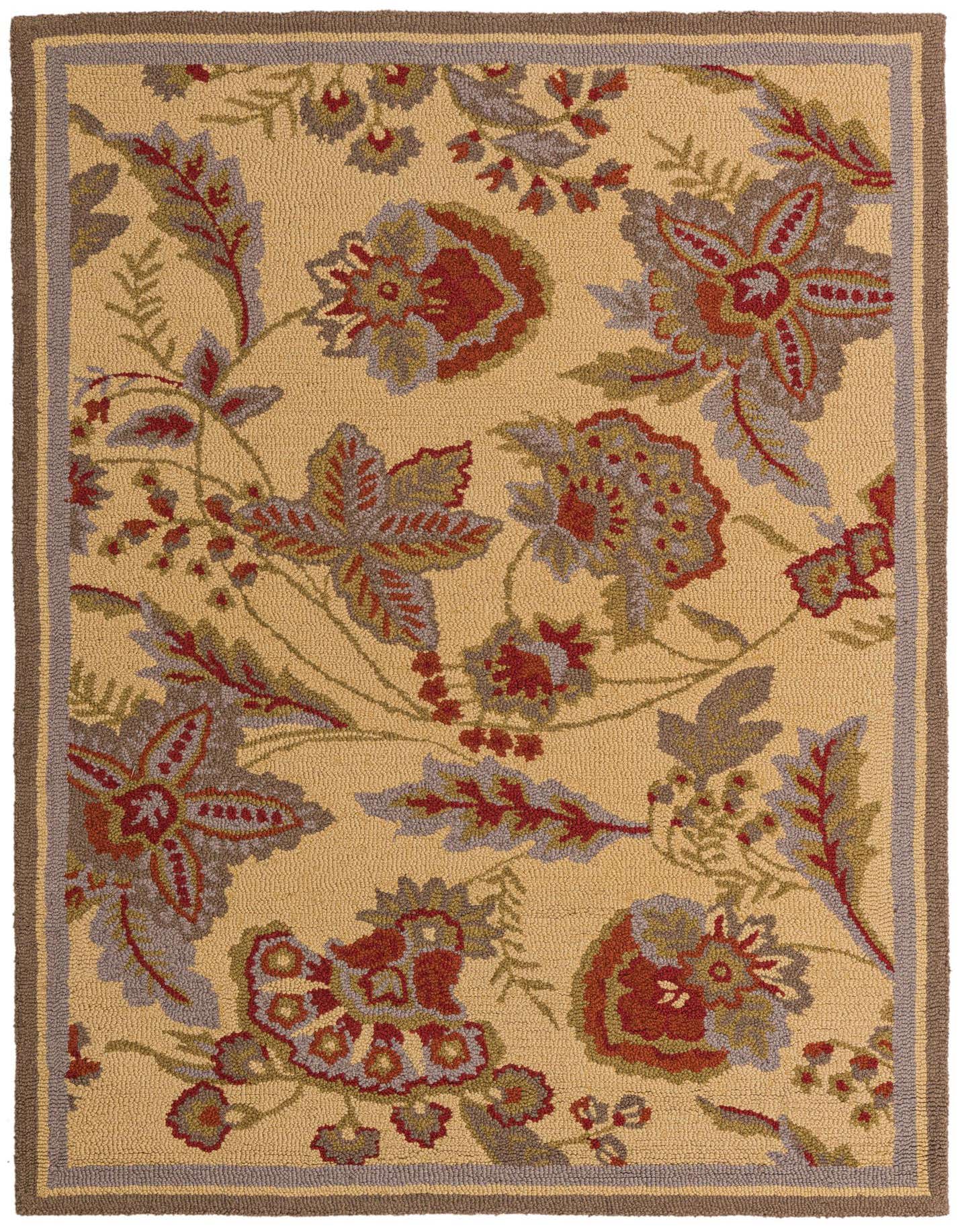 A 5x8 rectangular Agra rug with a tan background and large floral patterns in brown, red, and grey.