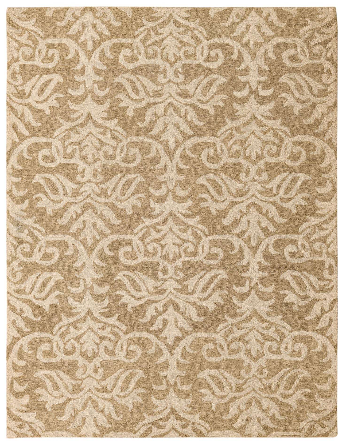 A rectangular 5x8 brown and ivory floral botanical area rug with a high pile, suitable for a living room.