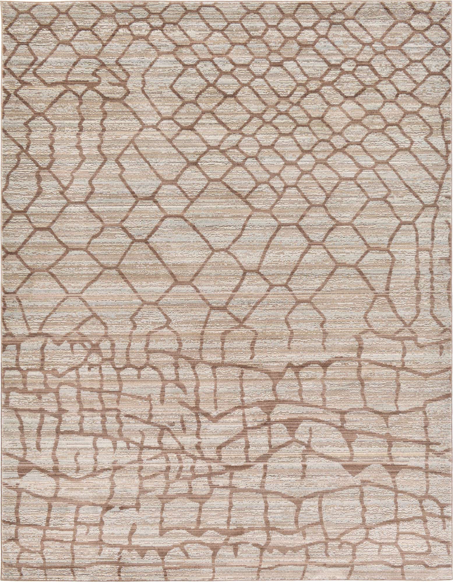 A 5x8 rectangular indoor rug featuring an eclectic trellis pattern in varying shades of brown, tan, and cream.