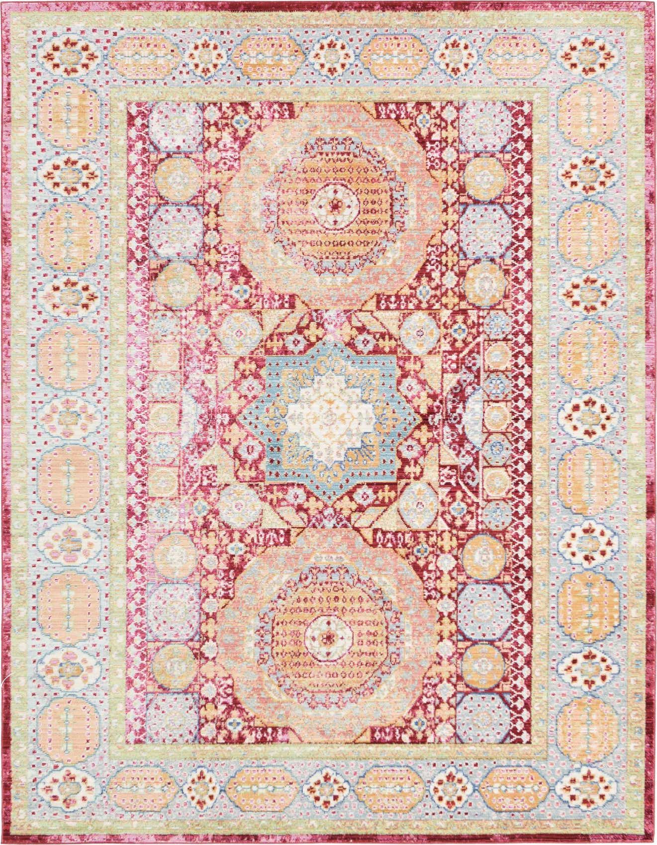 A rectangular 5x8 Alexis rug by Rugs.com featuring a vibrant medallion and botanical pattern in shades of brown, tan, ivory, cream, and red.