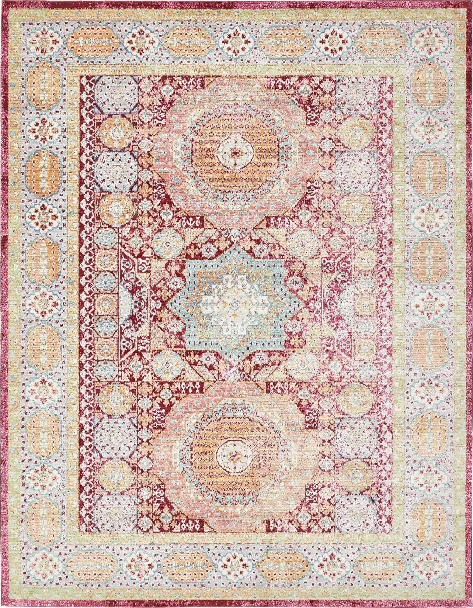 A 10x13 rectangular Alexis rug featuring a distressed bohemian medallion pattern in browns, tans, ivories, and creams, perfect for a living room.