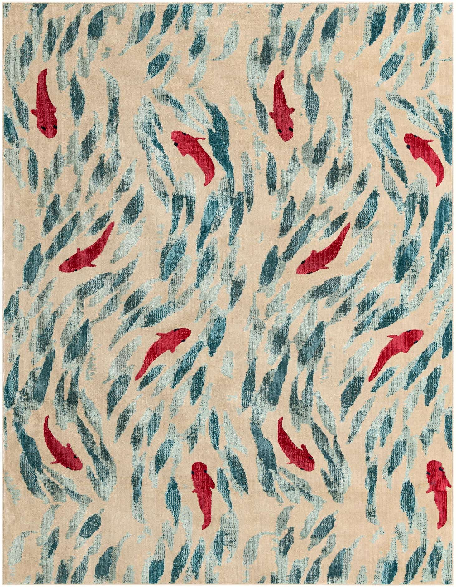 A 9x12 rectangular rug with a cream background and an abstract pattern of blue-green leaves or water plants, interspersed with bright red fish.