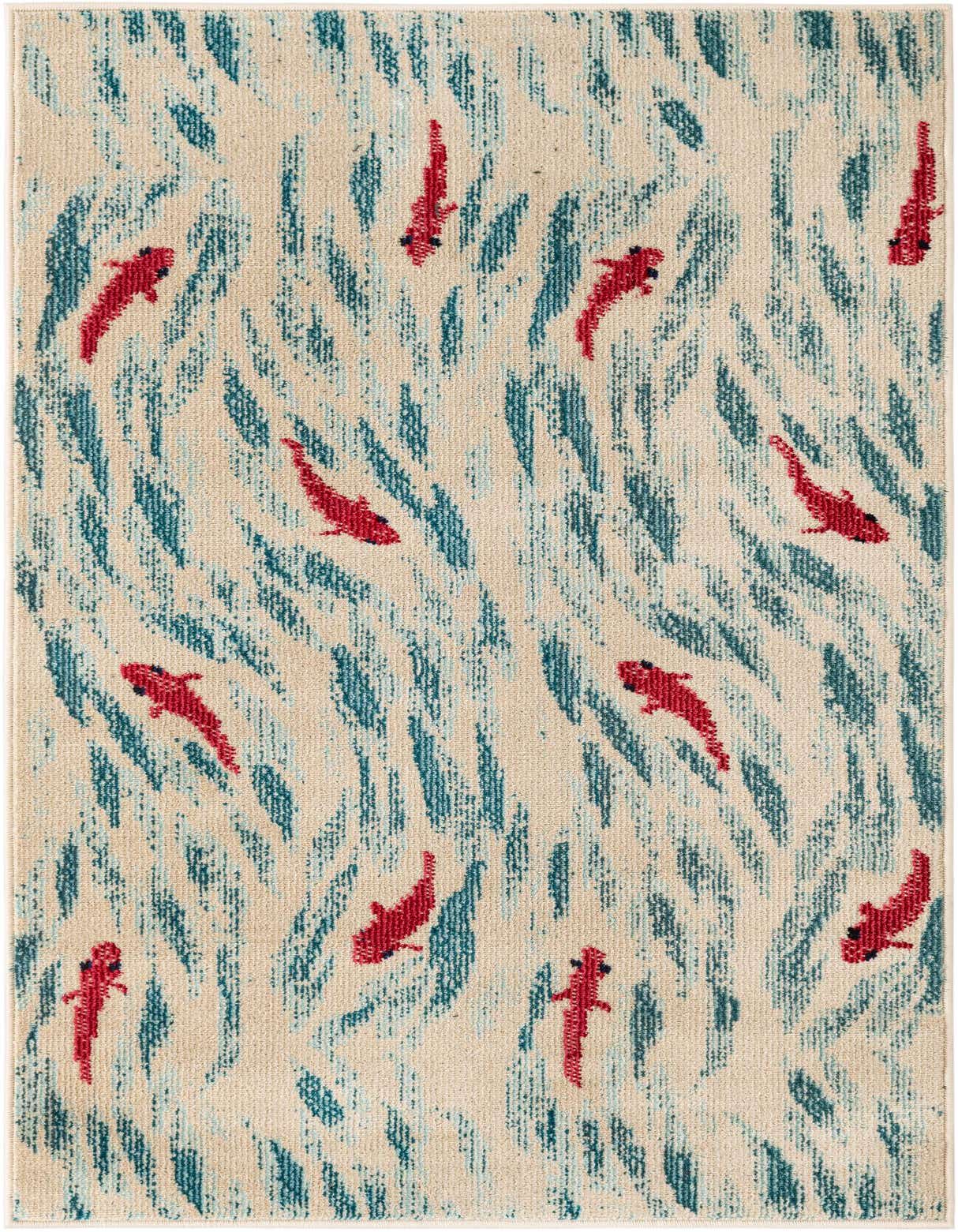 A 3x5 rectangular rug featuring a playful pattern of red koi fish swimming amidst blue abstract water ripples on a cream background.