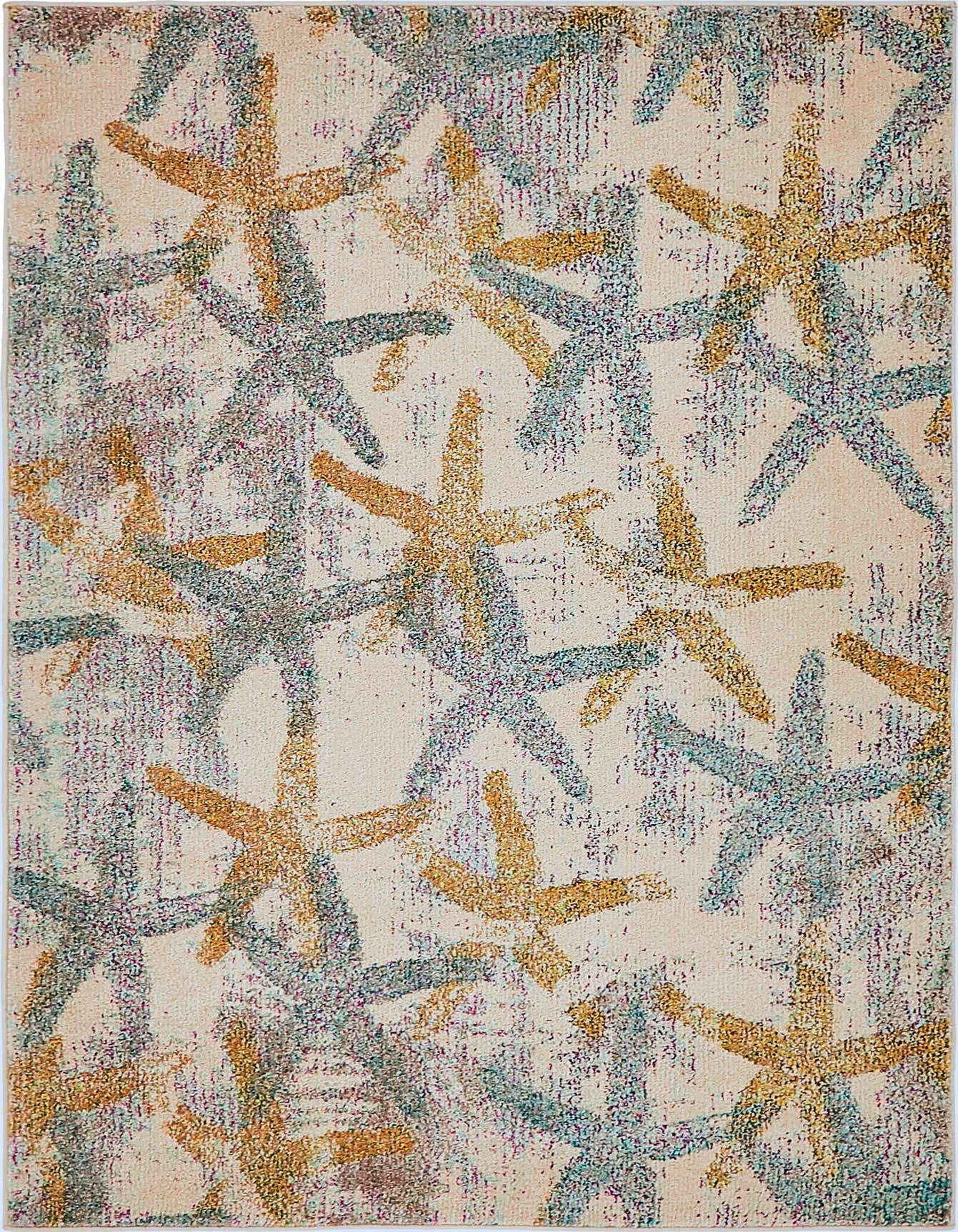 A 4x6 rectangular indoor rug featuring a scattered starfish pattern in shades of brown, tan, and teal on an ivory background.