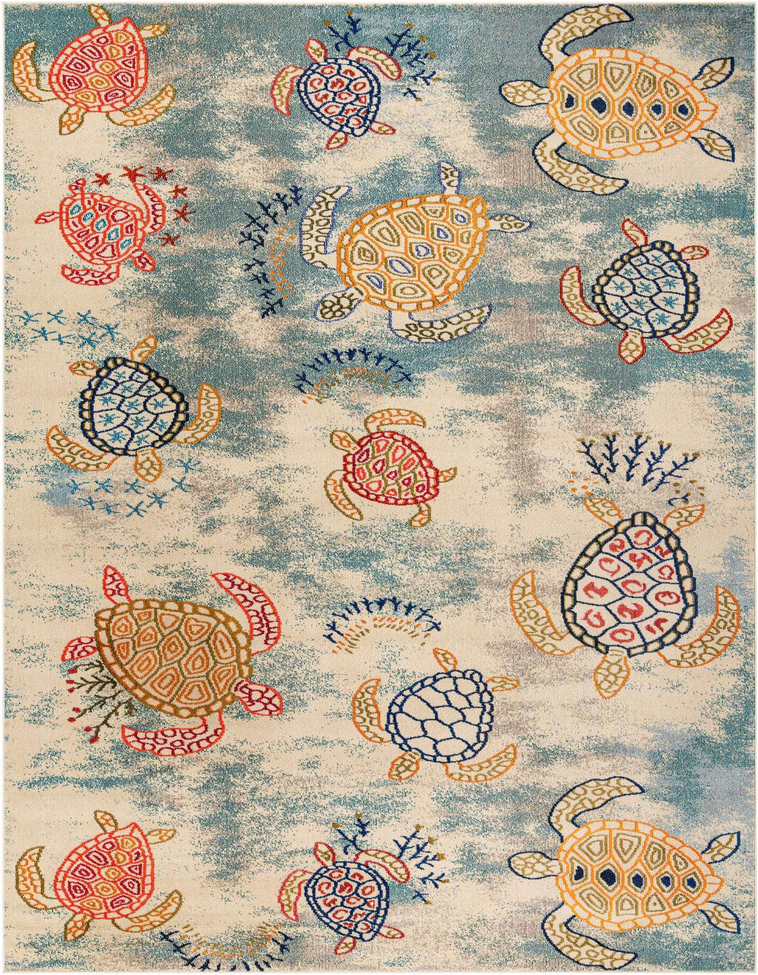 A rectangular 10x13 coastal rug featuring a playful pattern of colorful sea turtles on a cream and light blue background, perfect for a child's room.