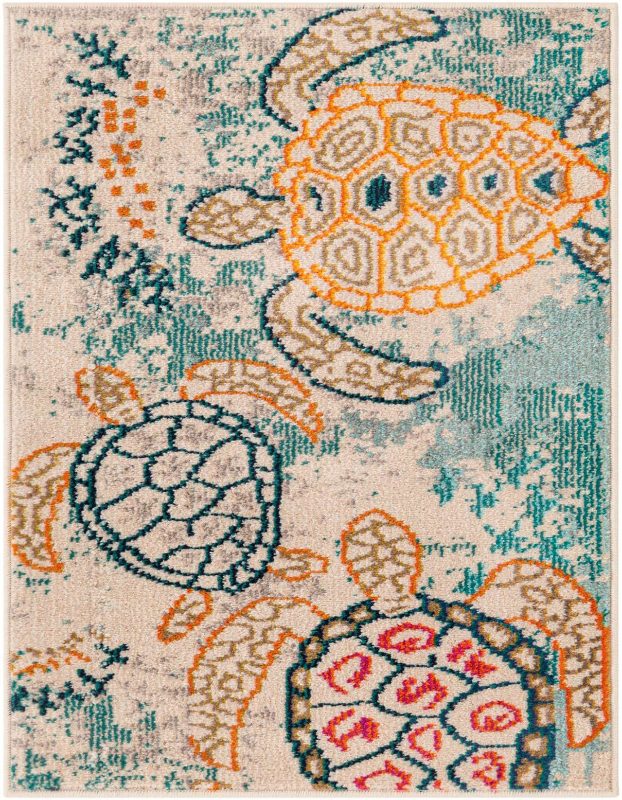A 2x3 rectangular rug with a coastal modern design, featuring several stylized sea turtles in shades of orange, teal, and brown on a cream and tan background, ideal for an entryway.