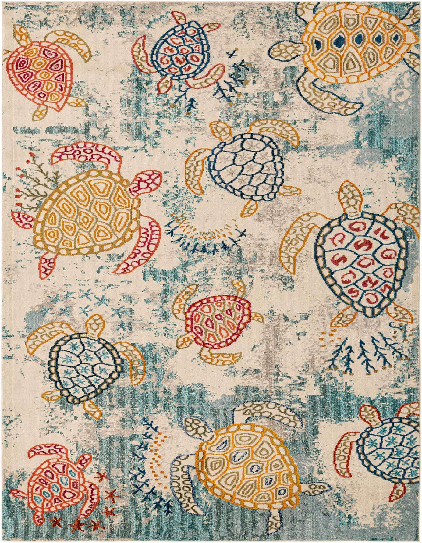 An 8x11 rectangular rug featuring a playful coastal pattern of colorful sea turtles swimming on a cream and blue distressed background.