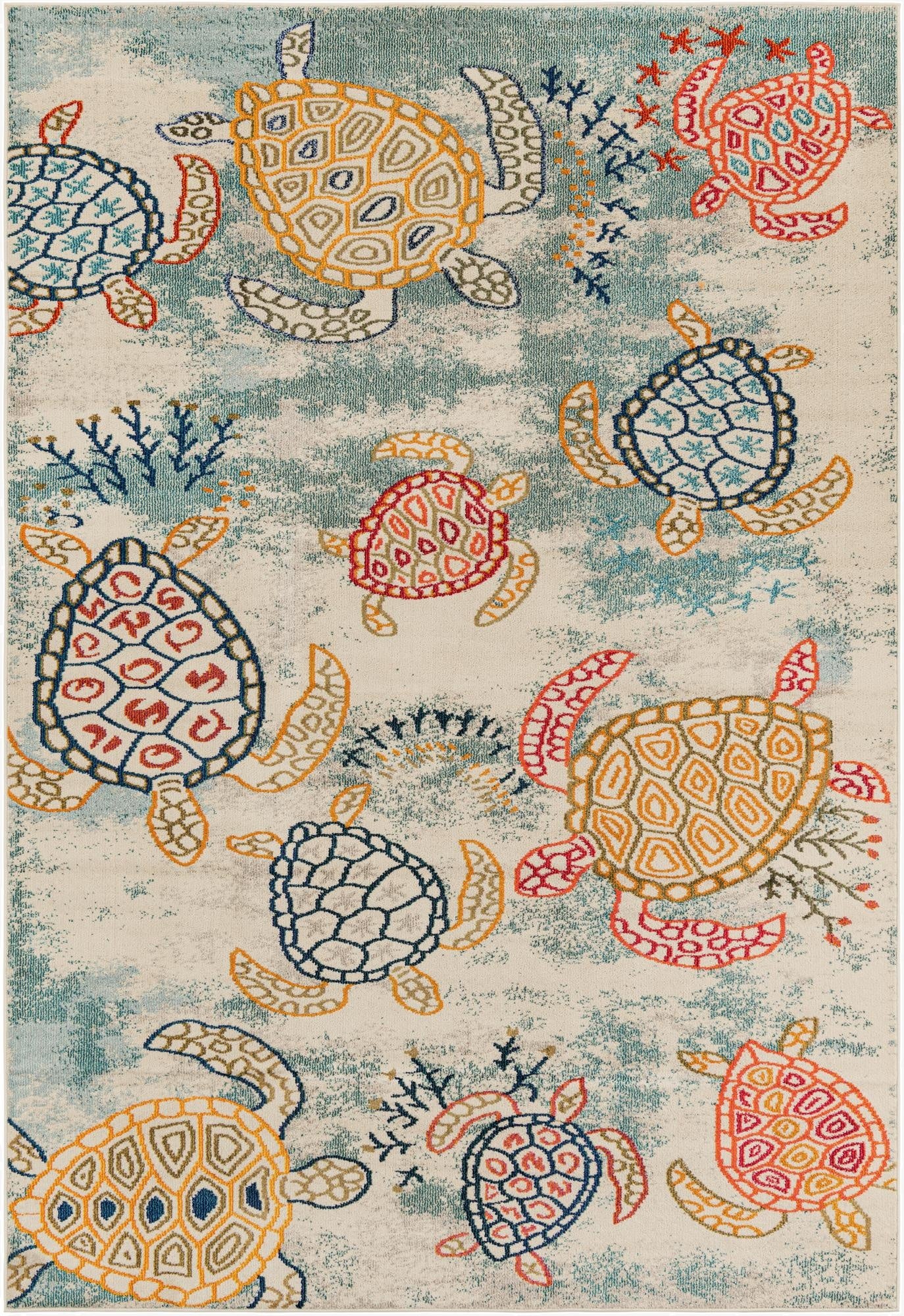 A rectangular 7x10 rug featuring a playful pattern of colorful sea turtles and coral on a cream and light blue background, ideal for a child's room.