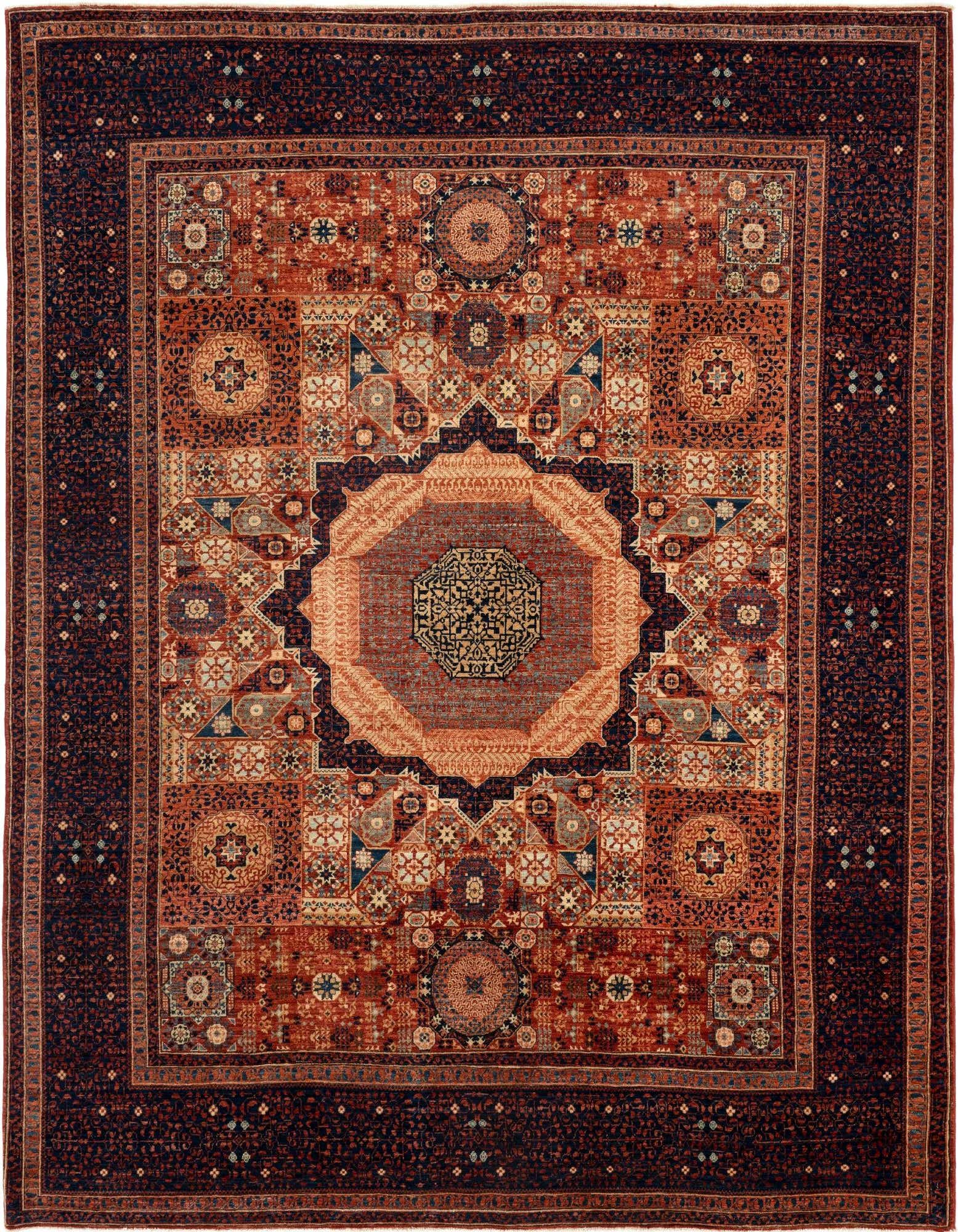 An 8x10 rectangular Persian wool rug featuring intricate traditional patterns in rich browns, tans, and ivories with a dark border.