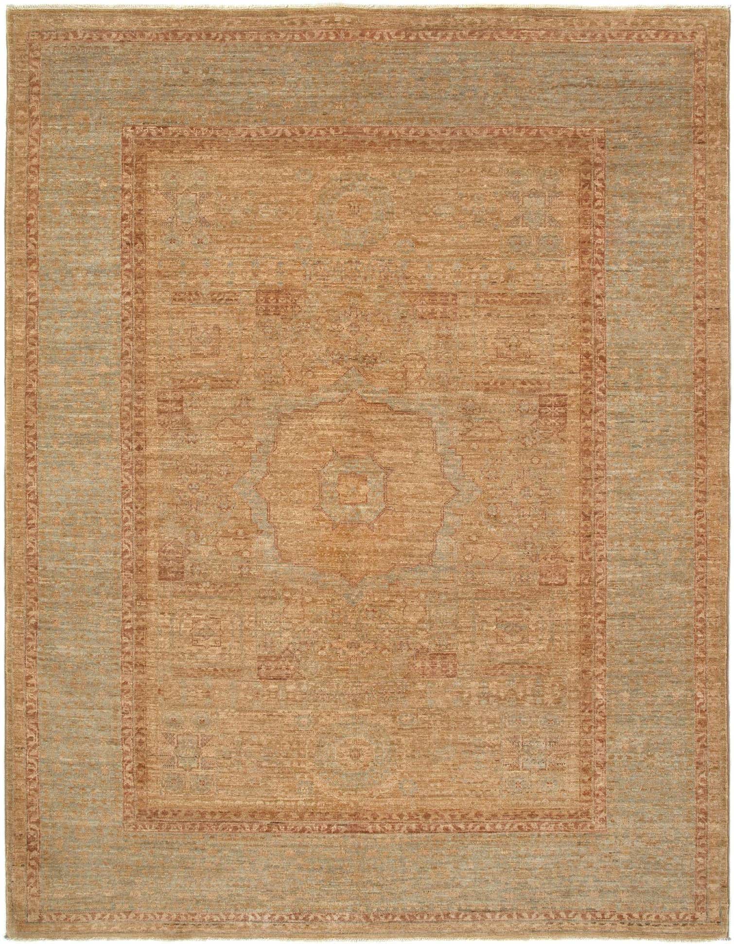 A 4x6 rectangular Persian rug with a tan and brown central medallion and a light blue-green border.
