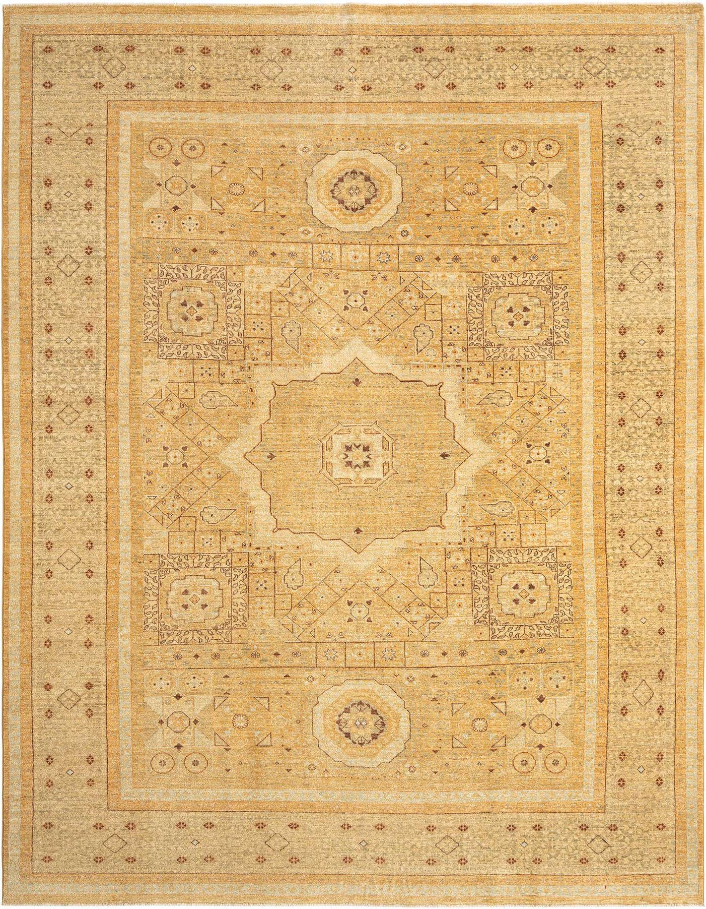 A rectangular 6x9 Amina Persian wool rug in shades of brown, tan, and cream, featuring an intricate medallion and geometric patterns.