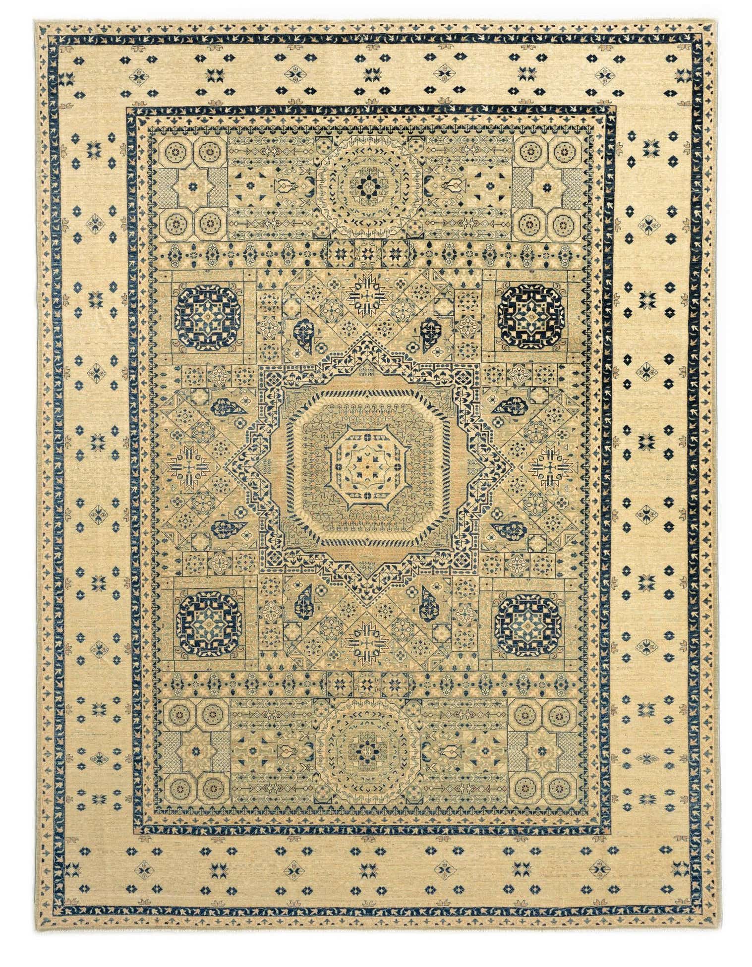 An 8x11 rectangular Amina Persian wool rug in shades of brown, tan, and ivory, featuring intricate traditional patterns and a distinct border.