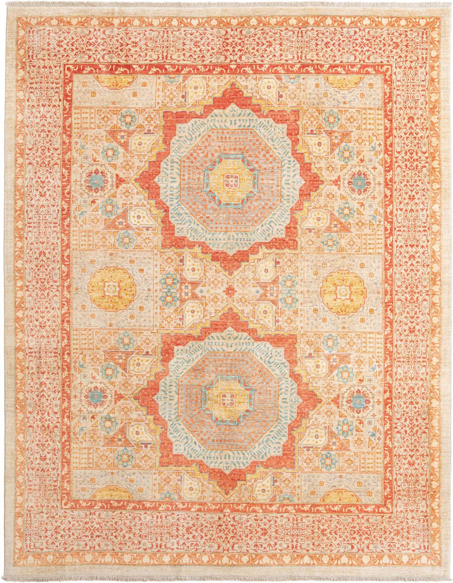 Handmade rectangular Persian rug featuring a central medallion design in shades of brown, ivory, orange, and light blue.