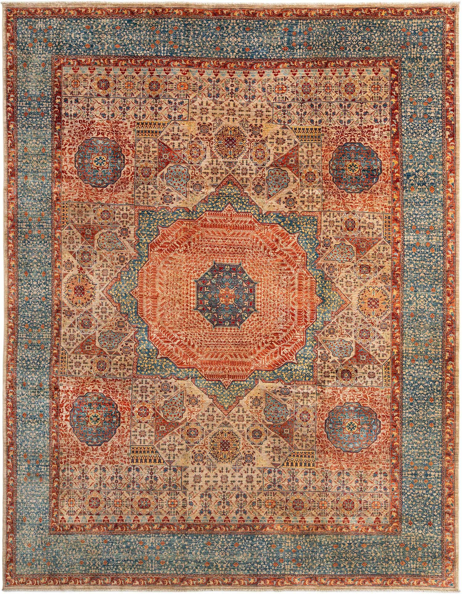 A rectangular handmade Persian rug featuring a central medallion in rust and teal, surrounded by intricate floral and geometric patterns in browns, tans, and ivories, with a wide teal border.