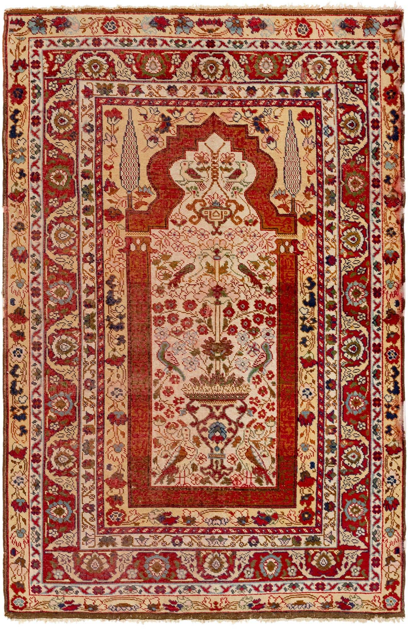 A 5x8 rectangular Anatolian wool rug in shades of brown, tan, and cream, featuring a traditional prayer rug design with a central mihrab and intricate floral and bird motifs.