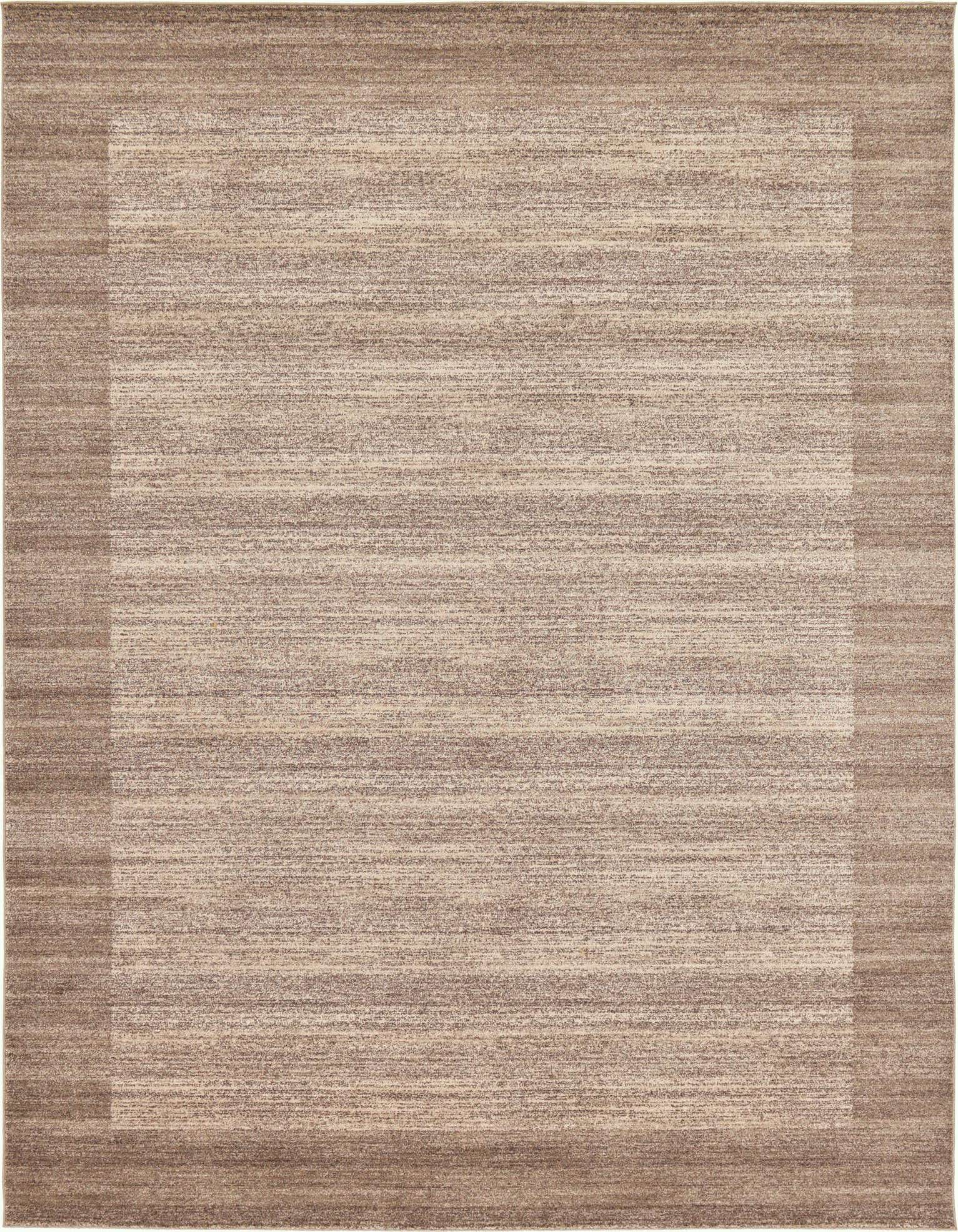 A 10x13 rectangular Angelica rug by Rugs.com with a solid brown and tan striped pattern and a darker brown border.