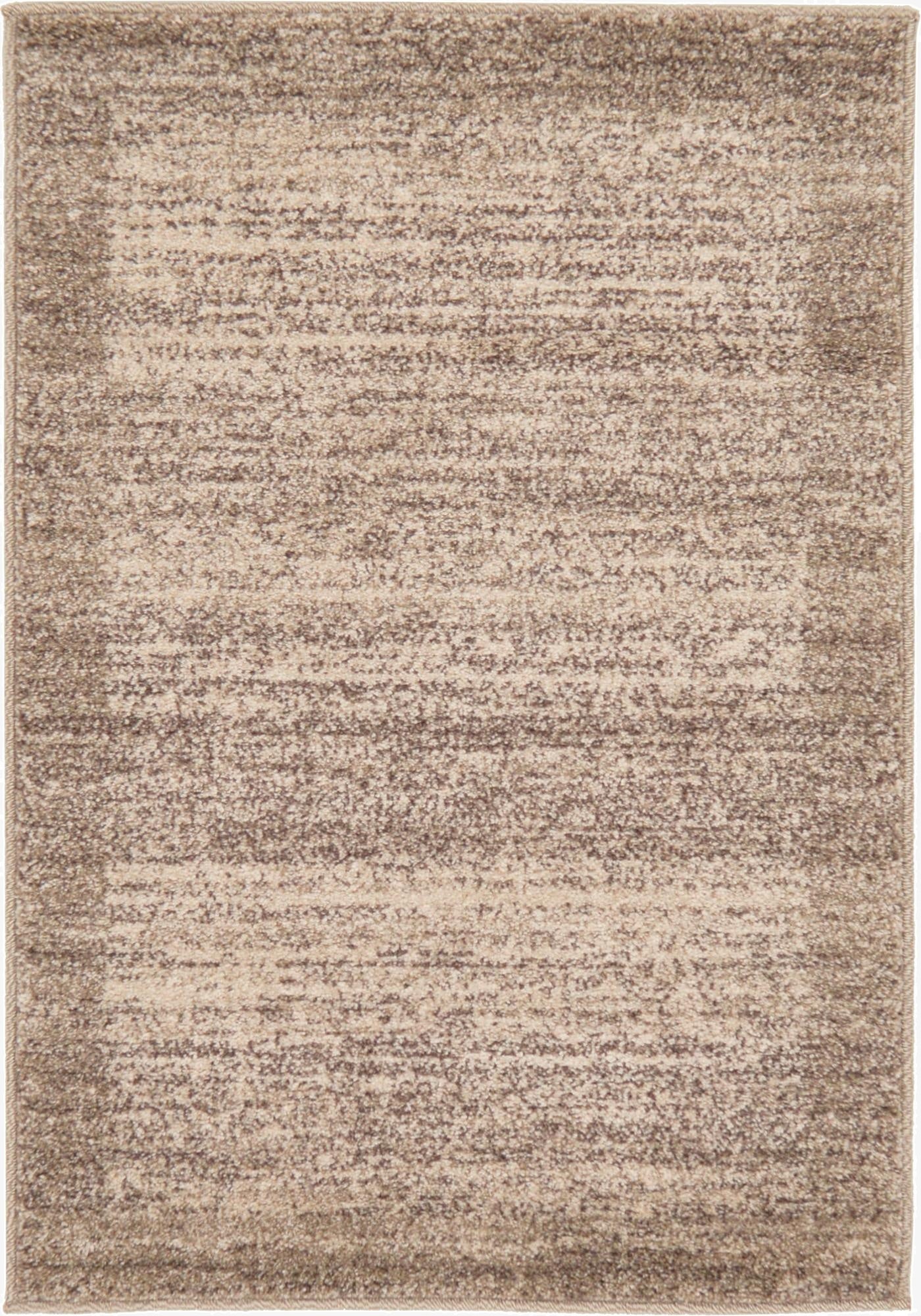 A rectangular 2x3 brown and cream area rug with a subtle striped, distressed pattern and a medium pile.