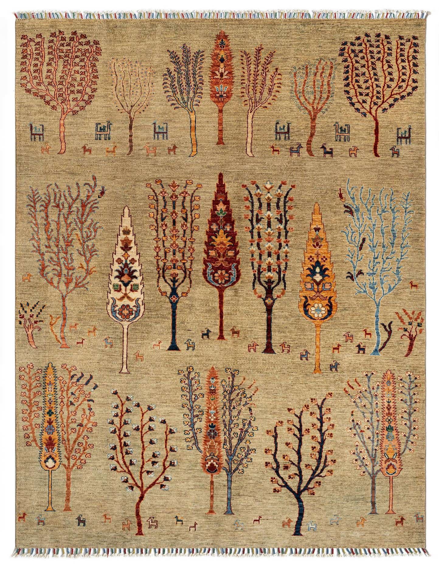 A 5x8 rectangular Ariana Persian rug with a tan field and colorful tree-of-life patterns, featuring various animals.