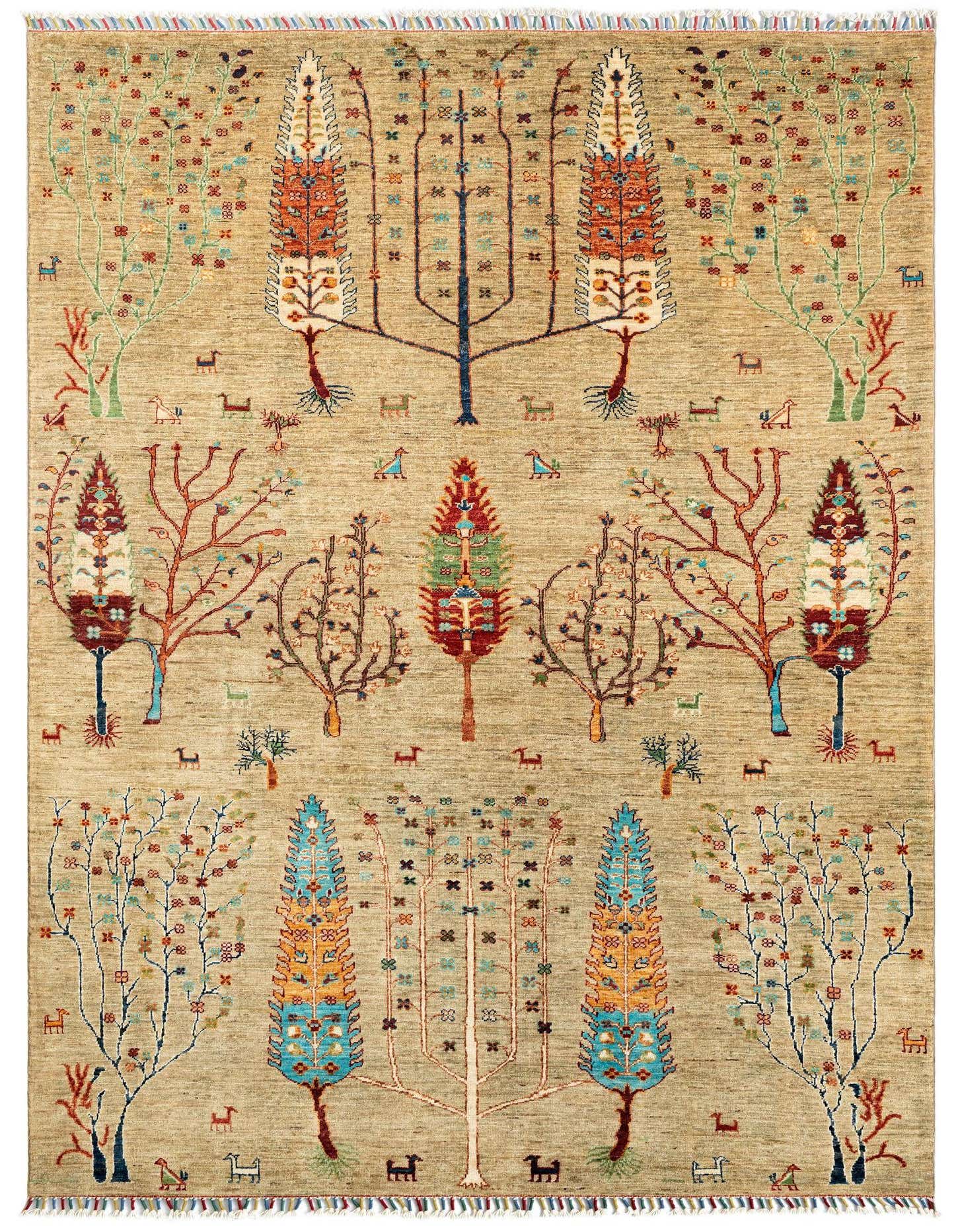 A 5x8 rectangular Ariana Persian wool rug in brown and ivory, featuring a vibrant tree of life pattern with colorful foliage and small animal motifs.