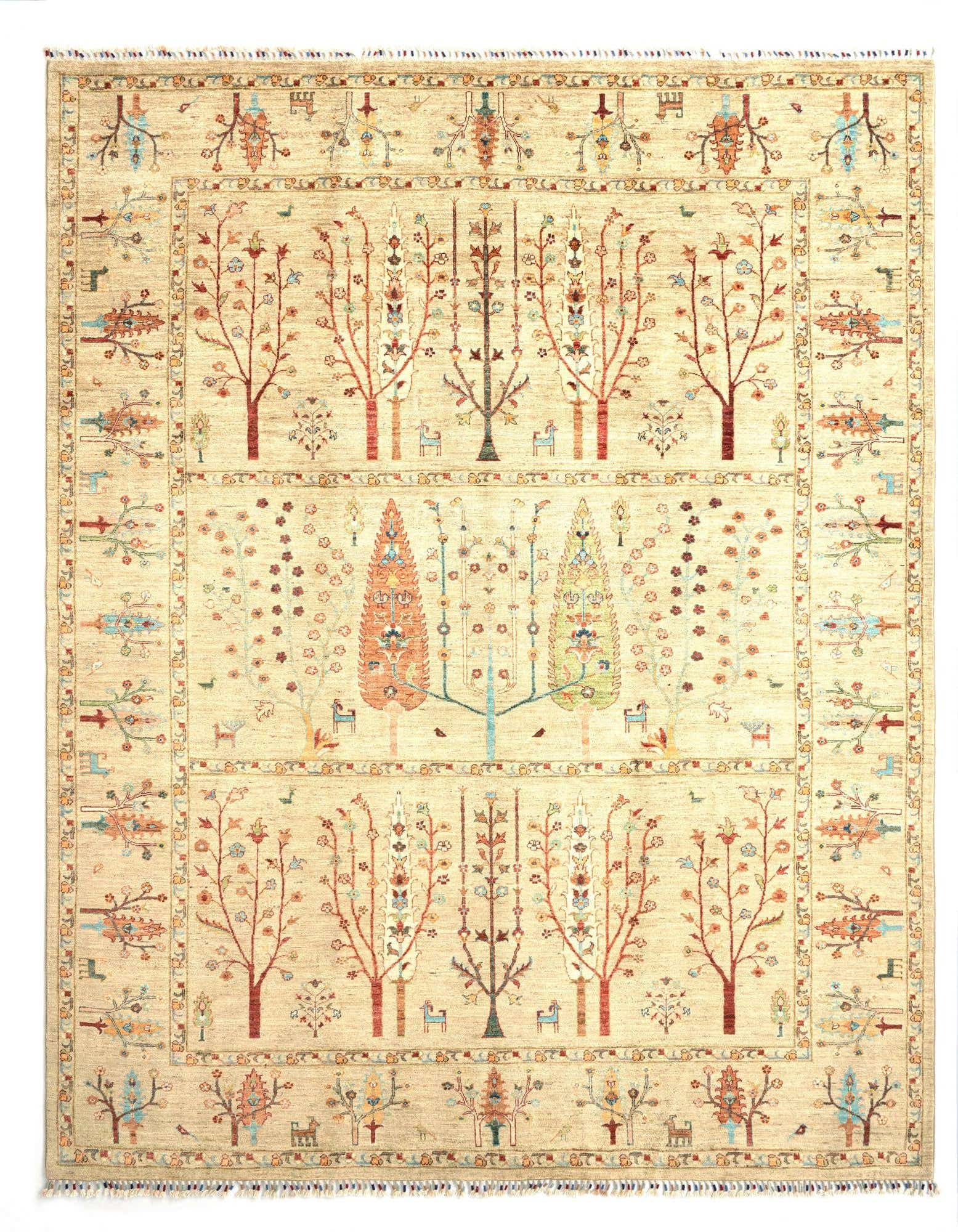 An 8x10 rectangular Ariana Persian rug with a cream background and a tree of life pattern in browns, reds, and blues.