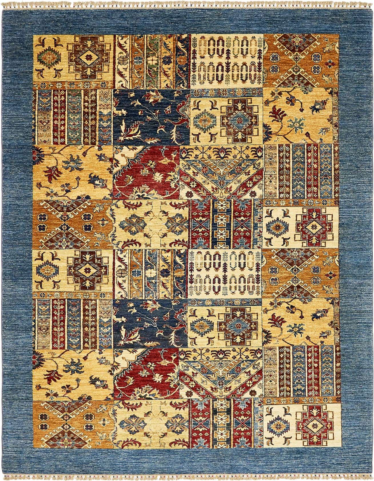A 7x10 rectangular Ariana Ziegler rug featuring a traditional patchwork design in browns, tans, ivories, and creams with a blue border.