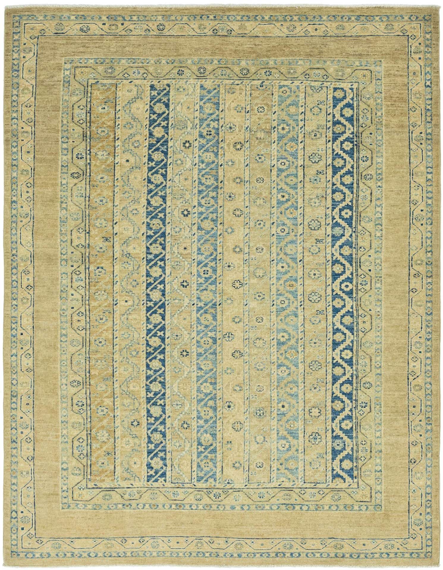 A 5x7 rectangular Ariana Ziegler rug featuring a modern oriental stripe pattern in brown, tan, and ivory.