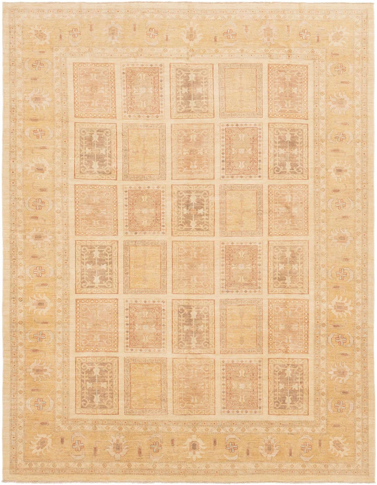 A 10x13 rectangular Ariana Ziegler rug featuring a traditional tribal pattern in browns, tans, and ivories.