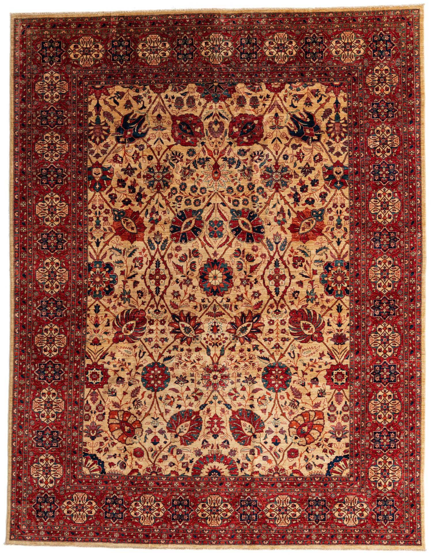A 9x12 rectangular Ariana Ziegler rug featuring a traditional botanical pattern in browns, tans, and ivories with a red border.