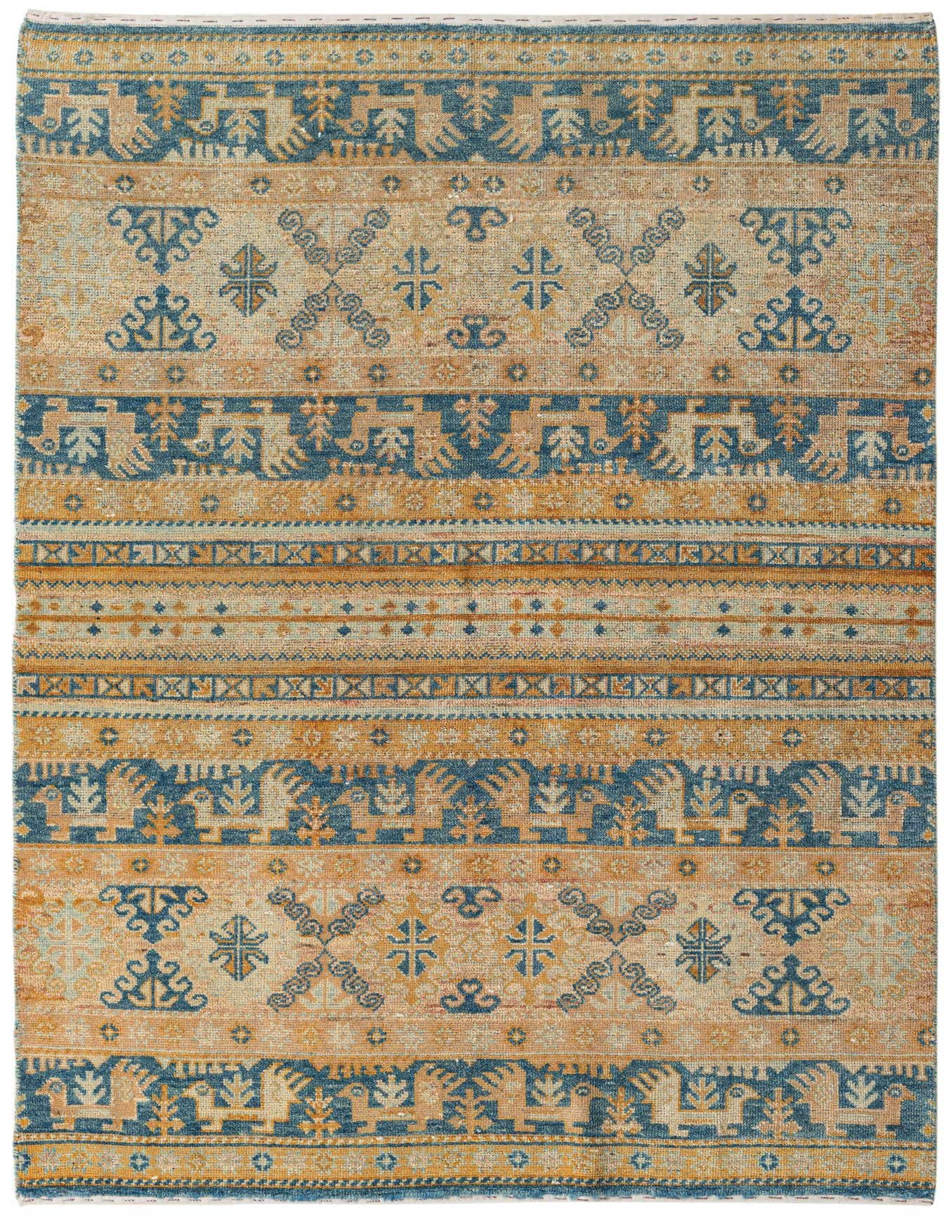 A 5x8 rectangular Ariana Ziegler rug featuring an abstract Oriental pattern in shades of brown, tan, and ivory.