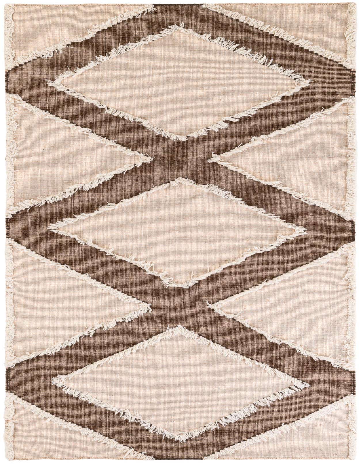 A 5x8 rectangular Arizona rug featuring a modern pattern of large brown diamonds on an ivory shag background, handmade from wool.