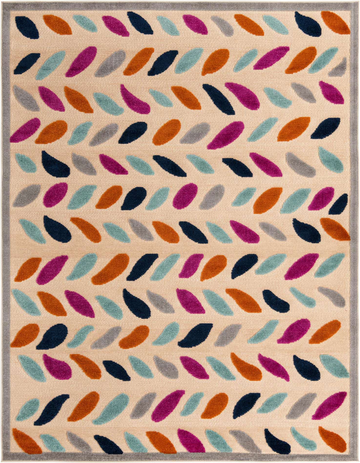 A 7x10 rectangular indoor/outdoor rug with a cream background and a modern bohemian pattern of colorful leaf-like shapes in teal, orange, magenta, navy, and gray, framed by a light gray border.