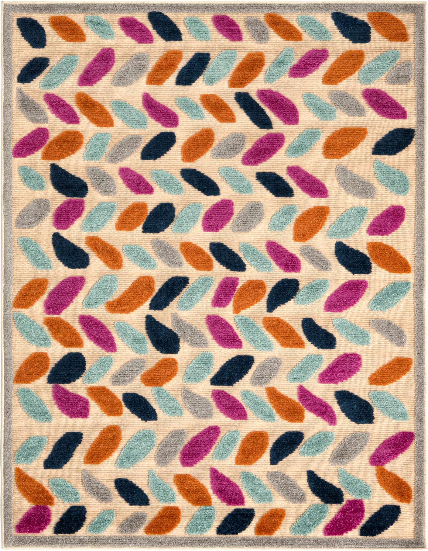 A 4x6 rectangular indoor/outdoor rug with a cream background and a colorful trellis pattern in teal, orange, navy, gray, and magenta.