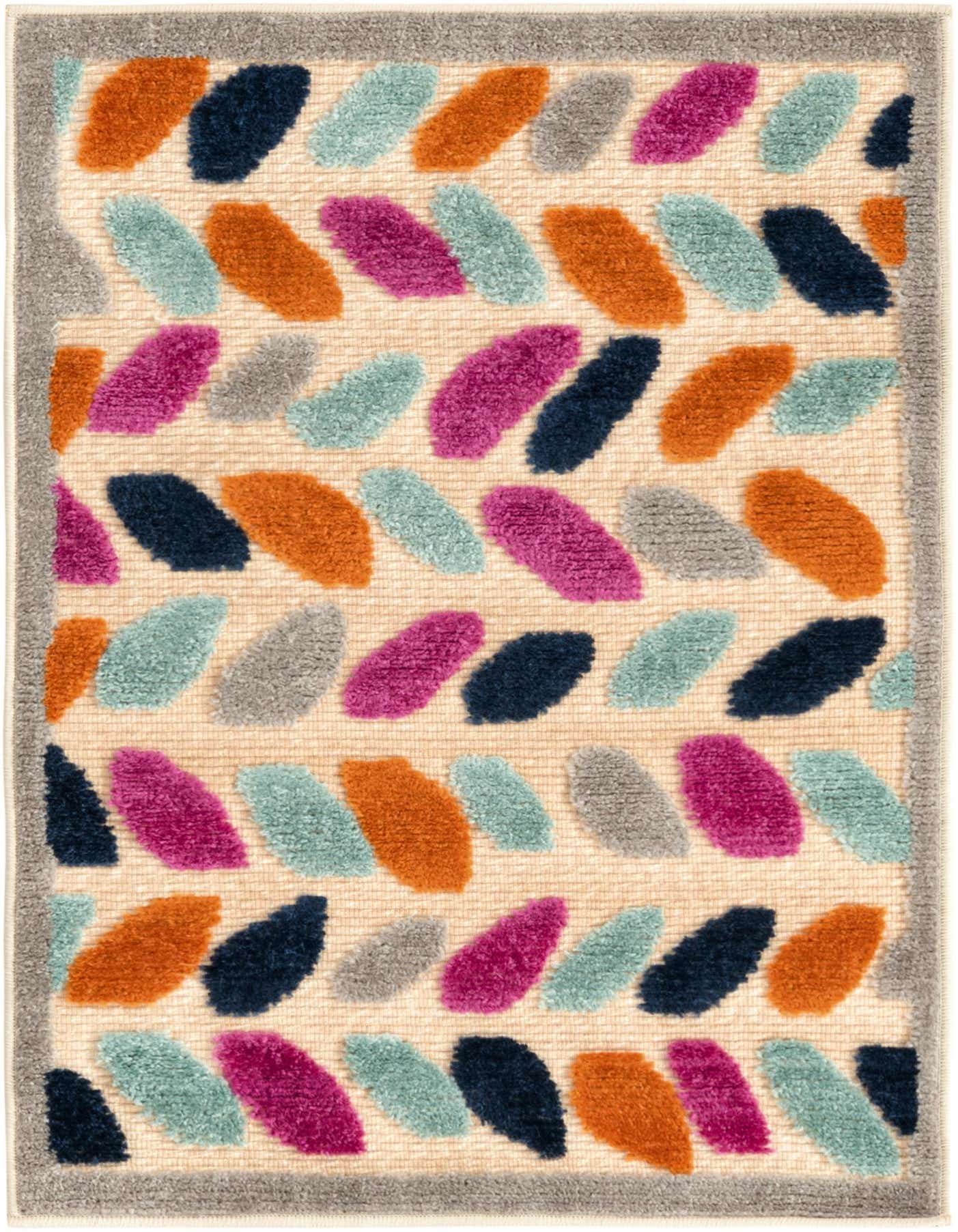 A 2x3 rectangular indoor/outdoor rug featuring a modern trellis pattern with colorful textured leaves in orange, teal, magenta, navy, and gray on a cream background, framed by a light brown border.