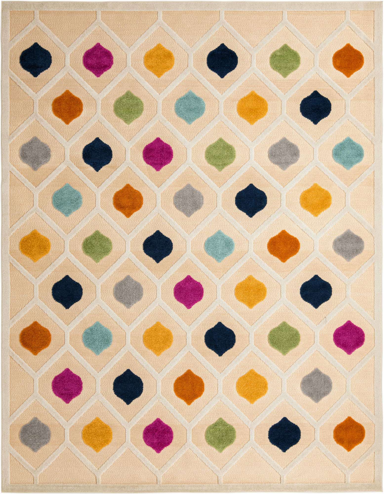 A 9x12 rectangular rug featuring a cream background with a modern trellis pattern filled with colorful bohemian shapes in orange, blue, green, grey, and magenta.