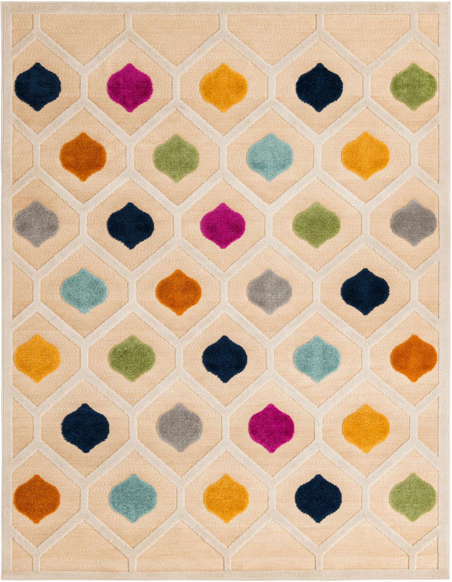 A 7x10 rectangular indoor/outdoor rug with a cream background and a colorful trellis pattern of blue, orange, green, pink, and yellow shapes.