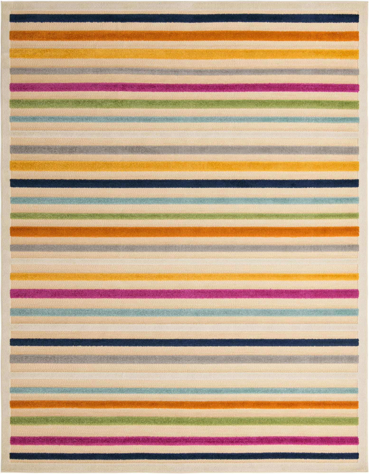 A 9x12 rectangular rug featuring multi-colored horizontal stripes in brown, tan, ivory, blue, green, and fuchsia, ideal for a living room or patio.