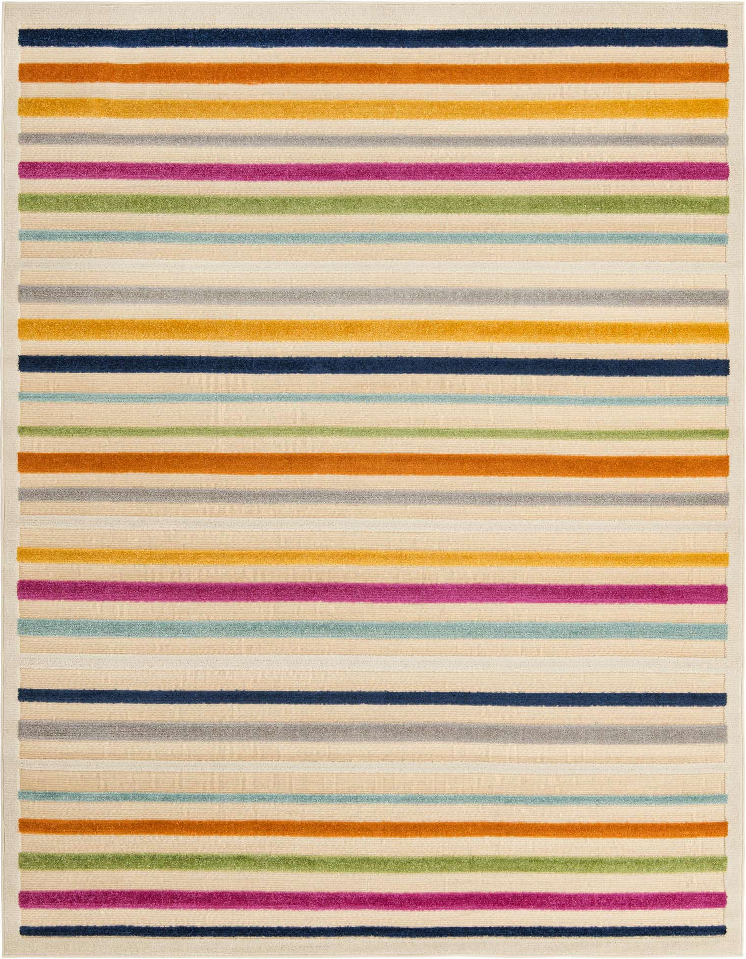 A 7x10 rectangular indoor/outdoor rug featuring multi-colored stripes in brown, tan, ivory, blue, orange, green, and pink, ideal for a living room or patio.
