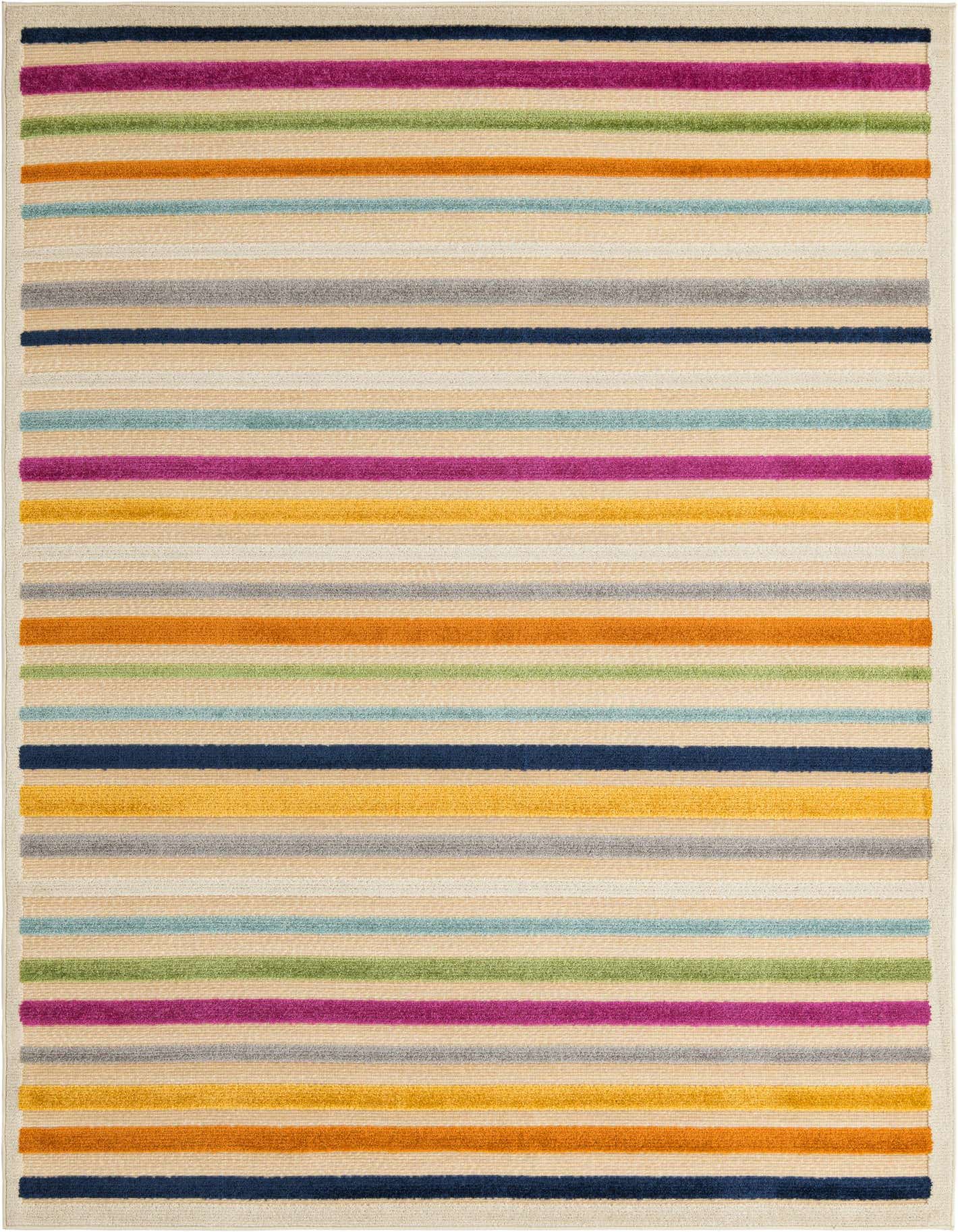 A 6x9 rectangular indoor/outdoor rug with varied horizontal stripes in cream, brown, gold, blue, green, and fuchsia.