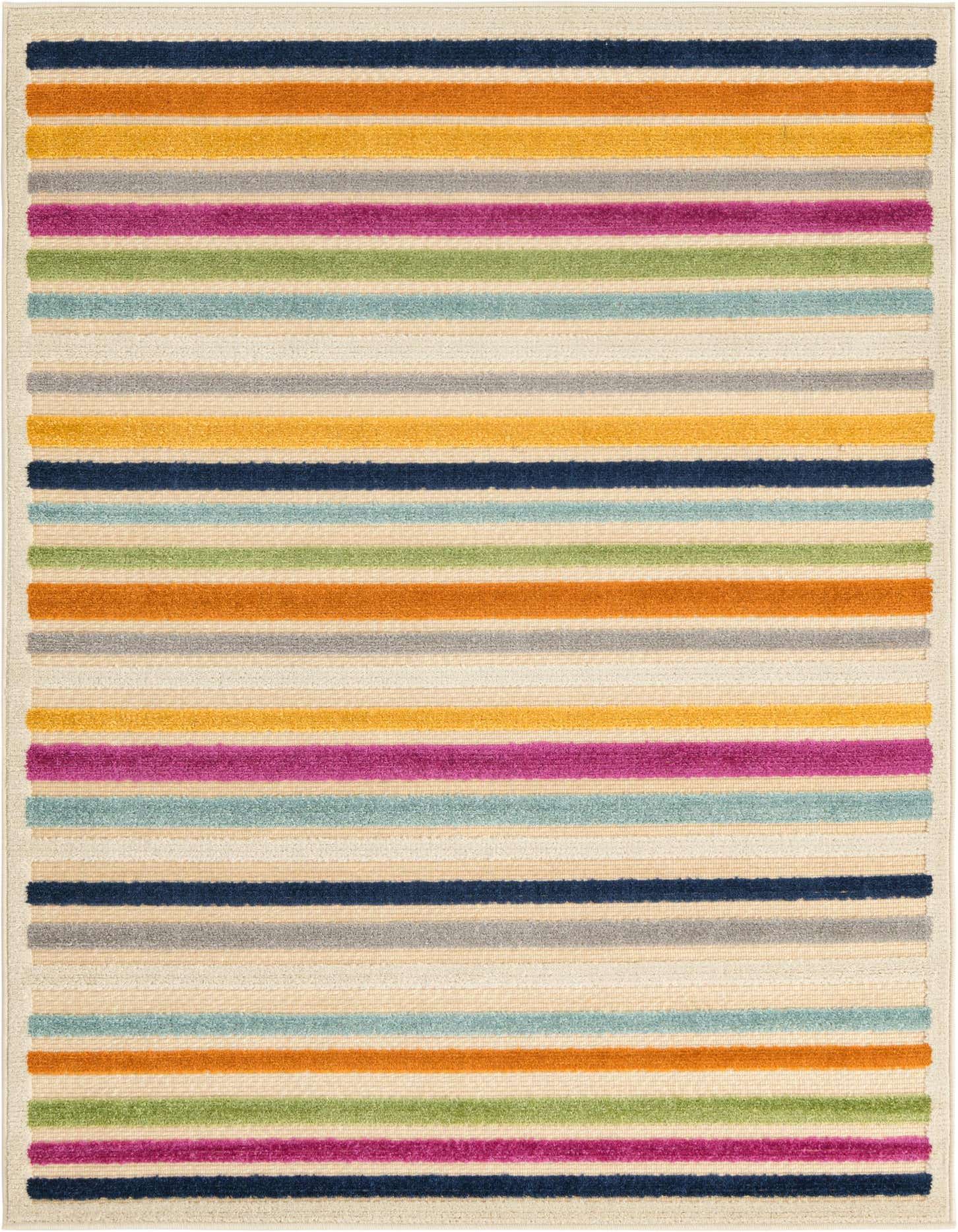 A 2x3 rectangular Rugs.com Aruba Outdoor rug with a textured, colorful stripe pattern in ivory, brown, blue, orange, green, and magenta.