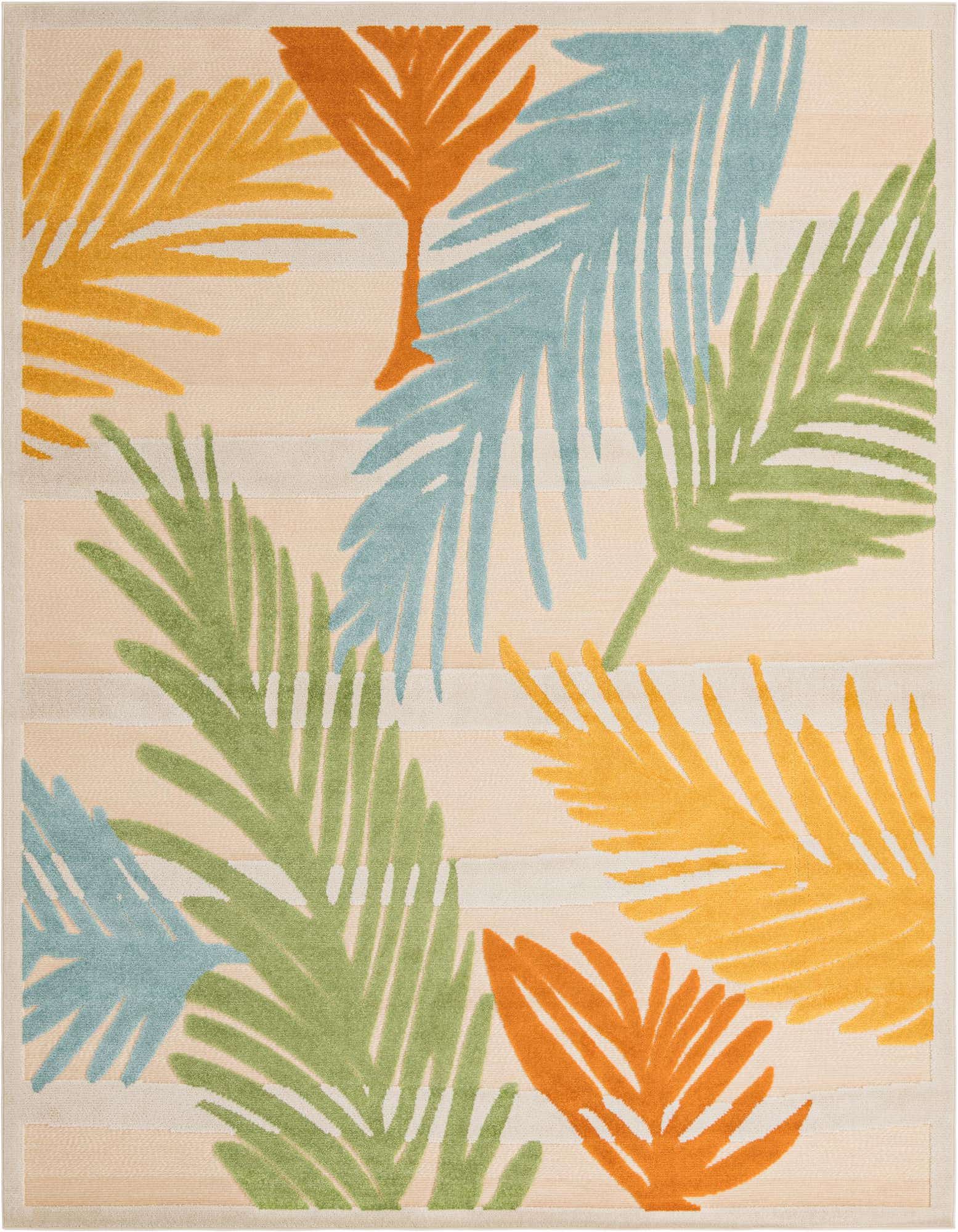 A 9x12 rectangular indoor/outdoor rug with a tropical leaf pattern in blue, green, orange, and yellow on a cream and tan striped background.