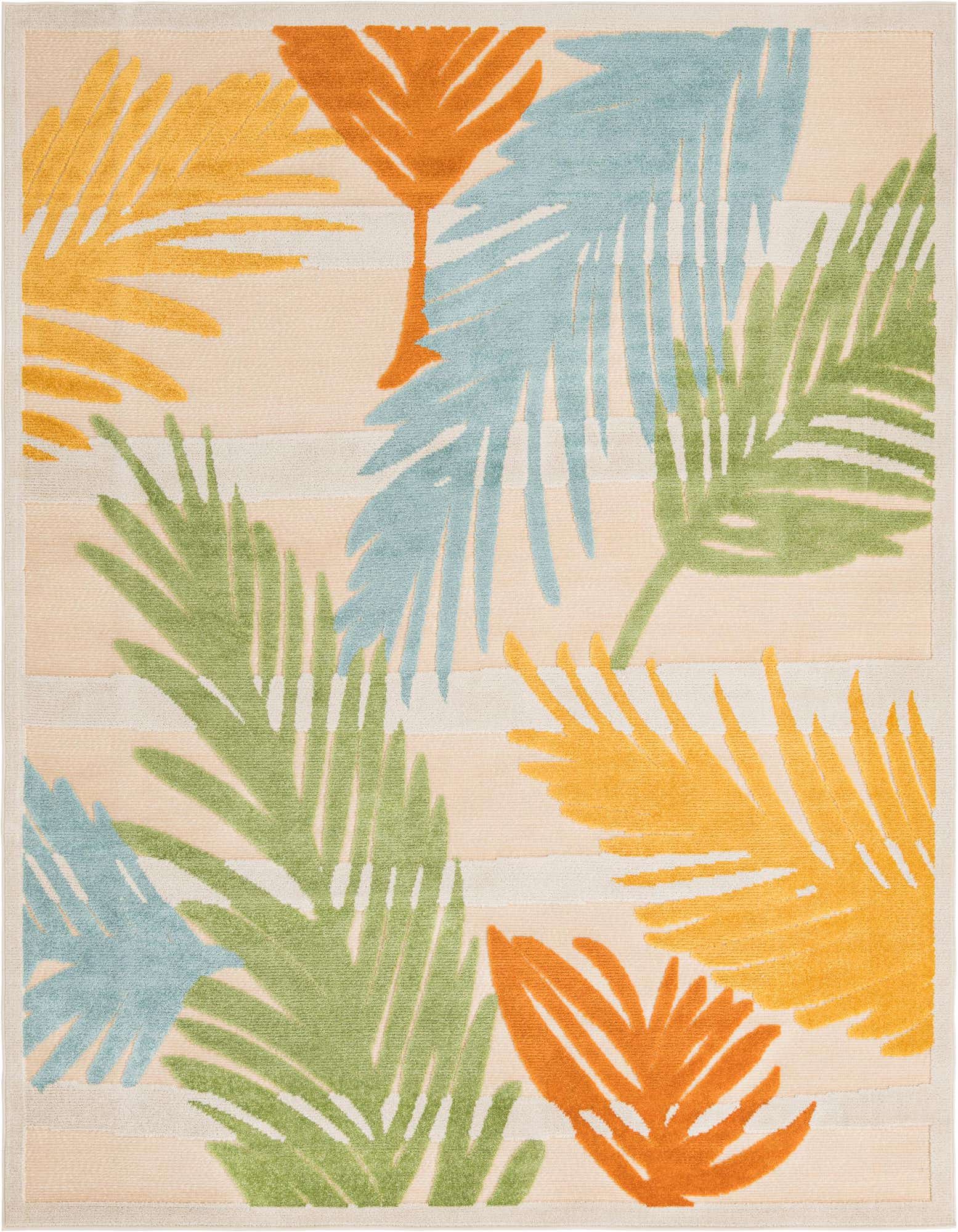 An 8x10 rectangular rug with a cream and tan striped background, featuring large, colorful tropical palm leaves in green, blue, yellow, and orange.