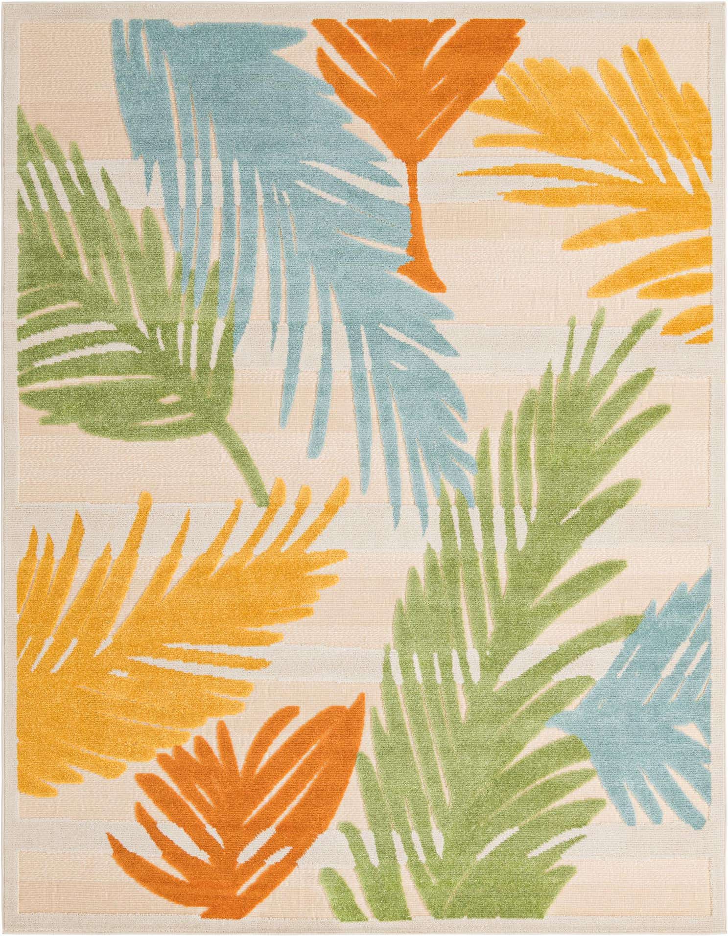 A 7x10 rectangular indoor/outdoor rug with a modern tropical pattern of green, blue, orange, and yellow palm leaves on a cream and tan striped background.